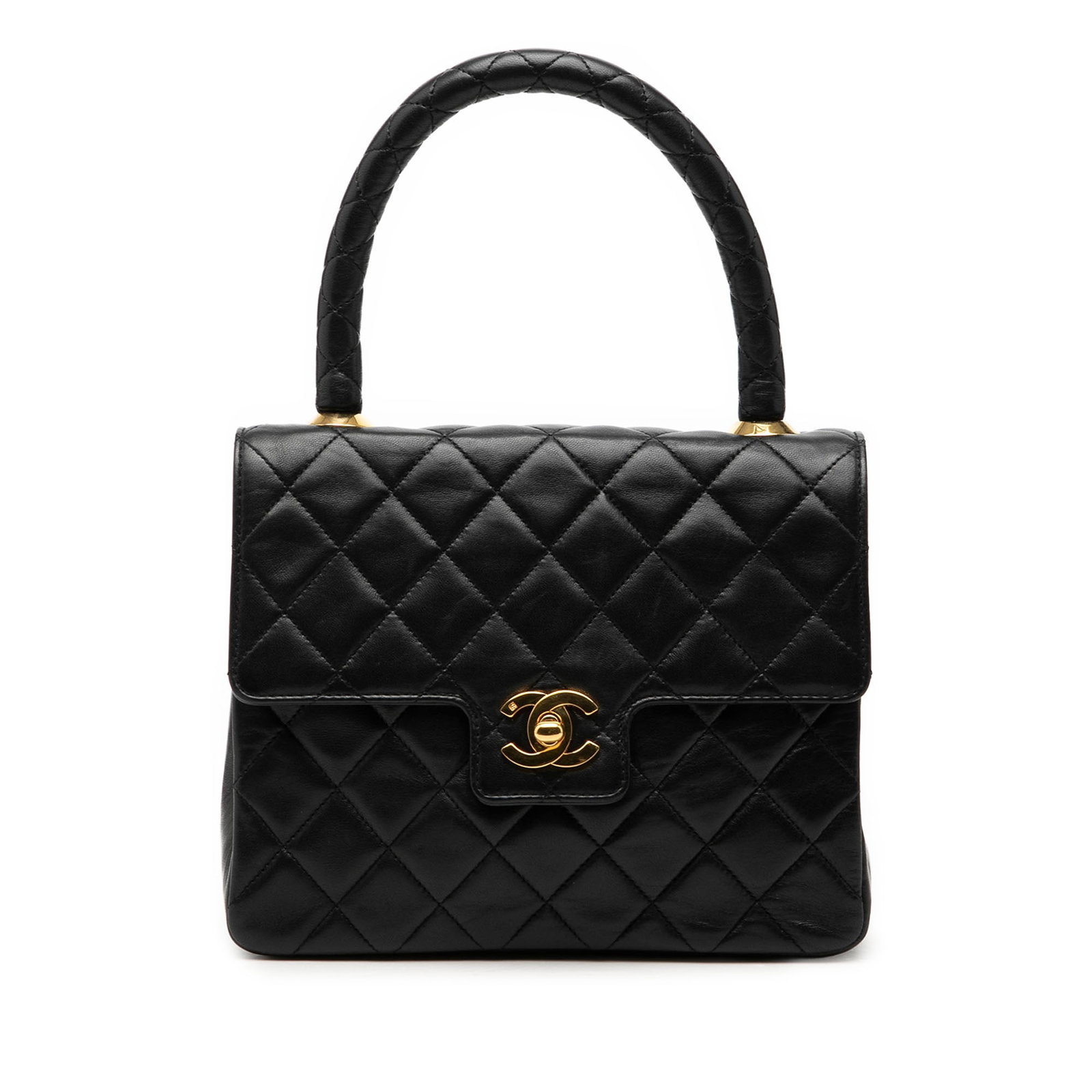 Chanel Kelly Small Black Lambskin Top Handle Bag: Chanel Kelly Small Black Lambskin Top Handle Bag This Chanel Small Lambskin Kelly Top Handle Bag features a luxurious lambskin leather body in black, complemented by a rolled leather top handle and a 