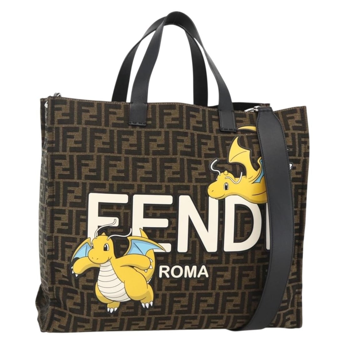 Fendi Pokemon Fragment Dragonite 2way Tote Bag Zucca Canvas Black Brown: Fendi Pokemon Fragment Dragonite 2way Tote Bag Zucca Canvas Black Brown Fendi tote bag in Zucca canvas with a black and brown exterior. This women's 2-way bag is made in Italy and comes with a shoulde