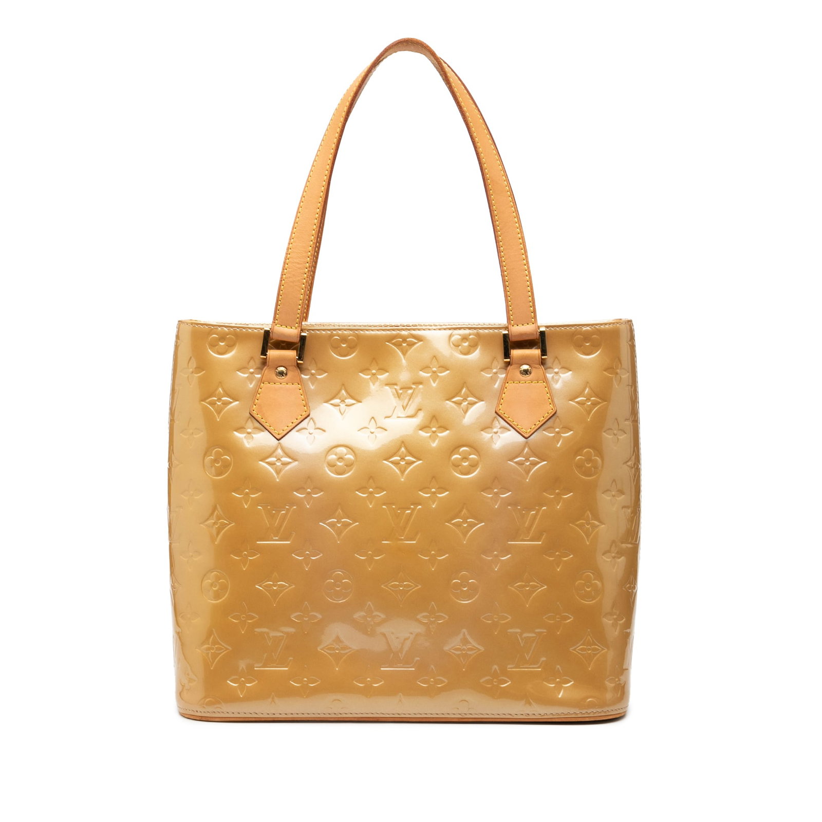 Louis Vuitton Houston Tote in Beige Monogram Vernis Leather: Louis Vuitton Houston Tote in Beige Monogram Vernis Leather This Louis Vuitton Monogram Vernis Houston bag features a vernis leather body in beige, flat leather handles, a top zip closure, and interio