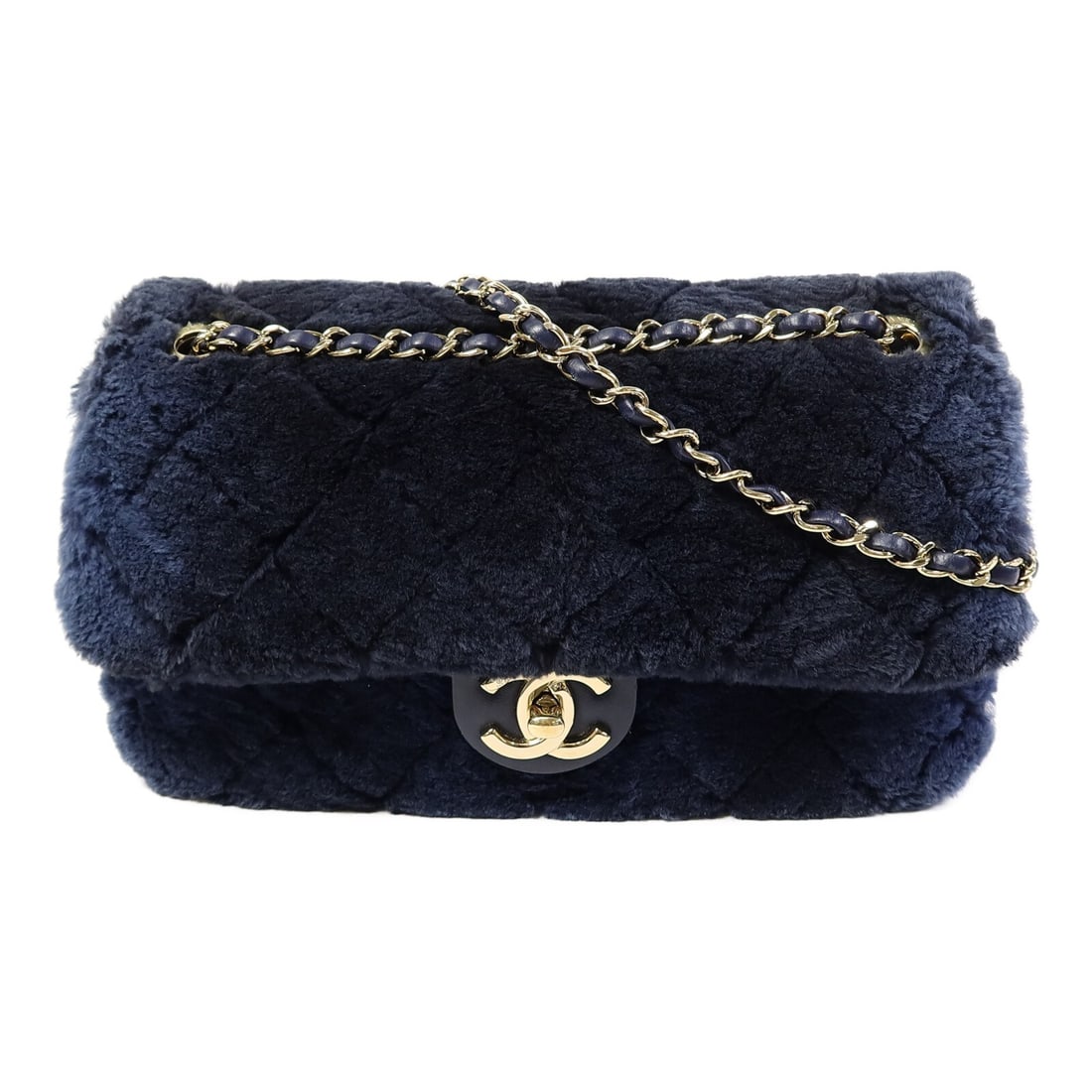 CHANEL Medium Flap Shoulder Bag Navy Orylag Shearling Lambskin GHW: CHANEL Medium Flap Shoulder Bag Navy Orylag Shearling Lambskin GHW Medium CHANEL CC flap bag in navy Orylag/shearling Lam with gold-tone hardware and a 2-way shoulder design. It features a turn-lock c