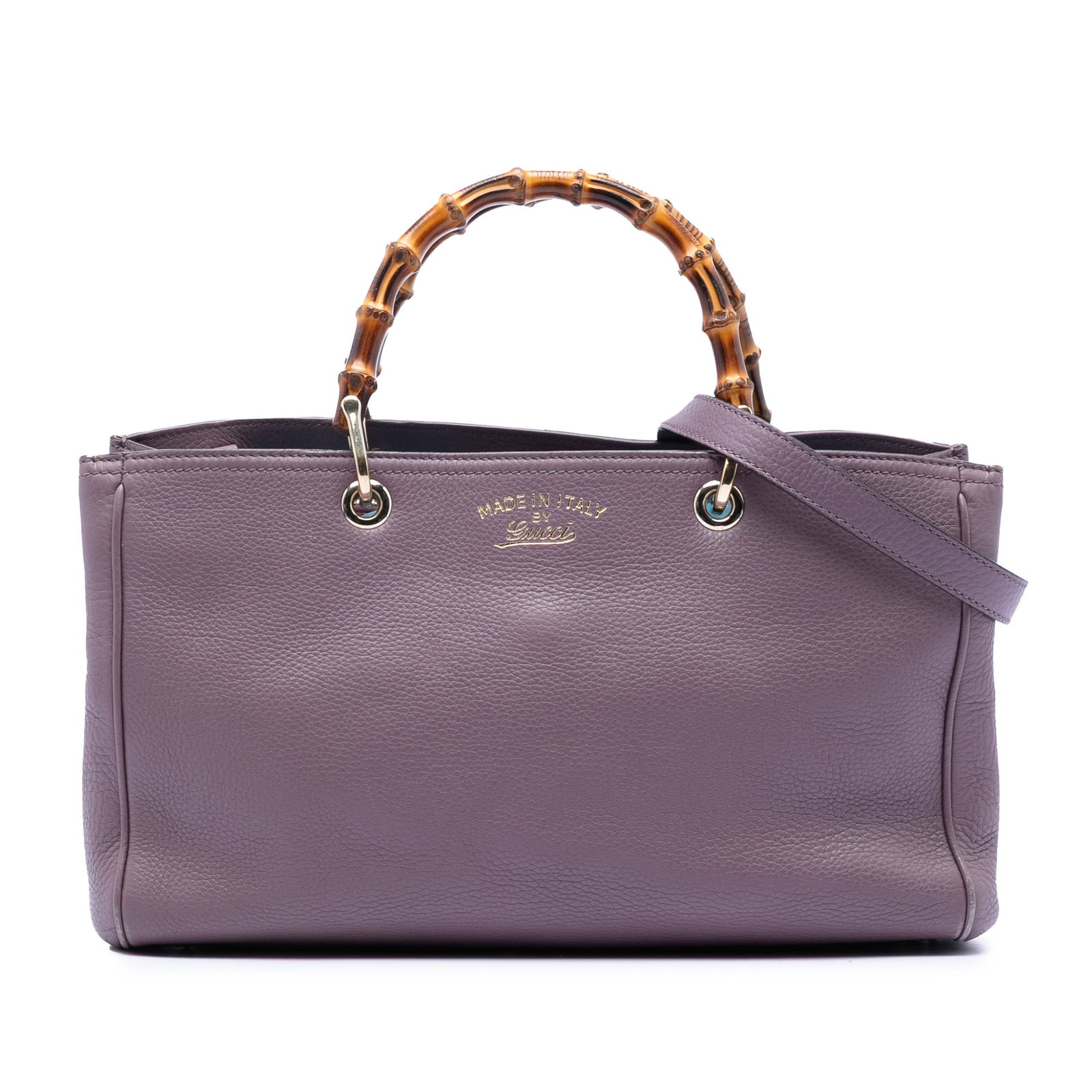 Gucci Bamboo Shopper Purple Leather Satchel: Gucci Bamboo Shopper Purple Leather Satchel This Gucci Medium Calfskin Bamboo Shopper Satchel features a purple leather body with distinctive bamboo top handles and a detachable strap. The bag offers 