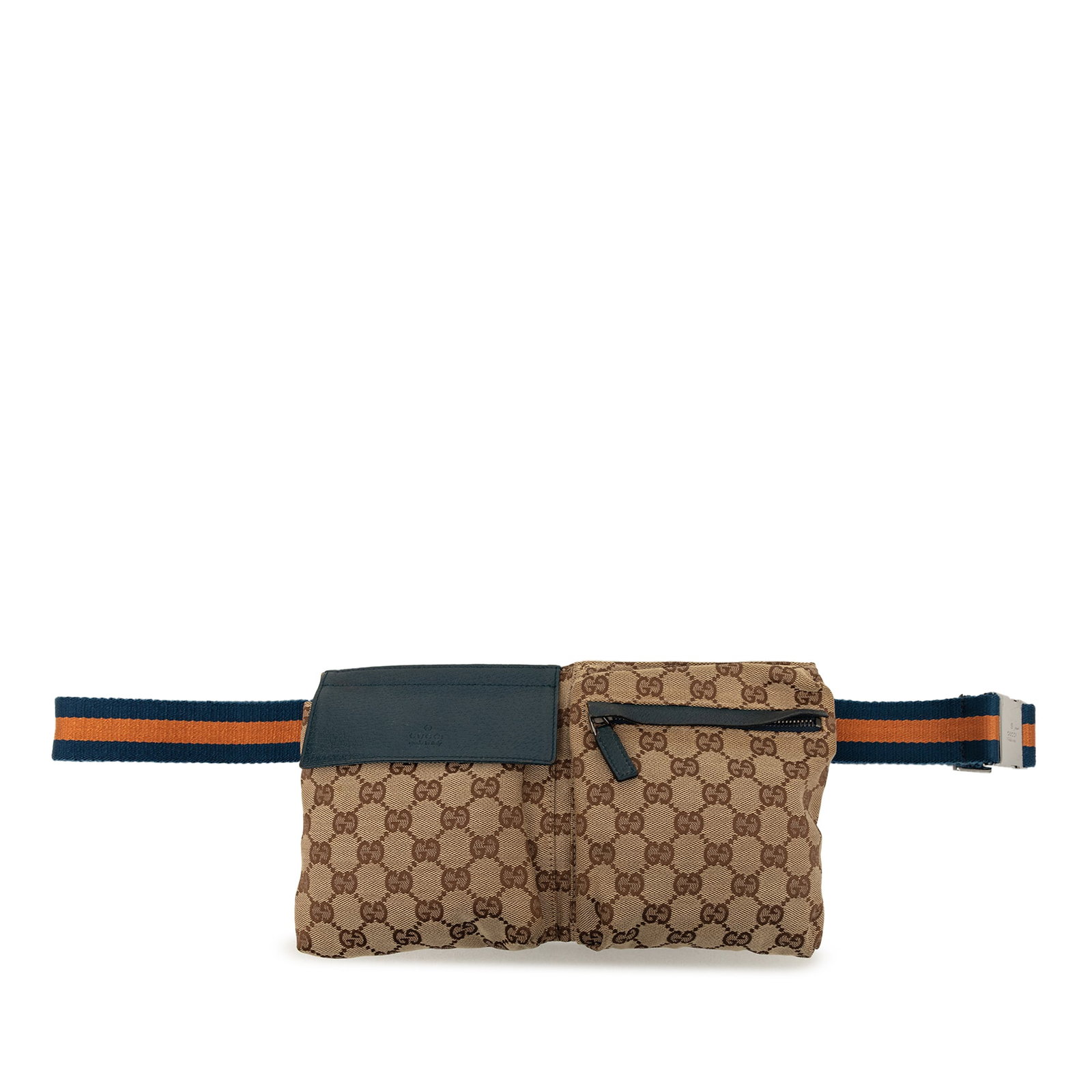 Gucci GG Canvas Web Belt Bag with Double Pockets: Gucci GG Canvas Web Belt Bag with Double Pockets Gucci GG Canvas Web Double Pocket Belt Bag in beige fabric with a canvas body and an adjustable web canvas waist strap. It features exterior front flap
