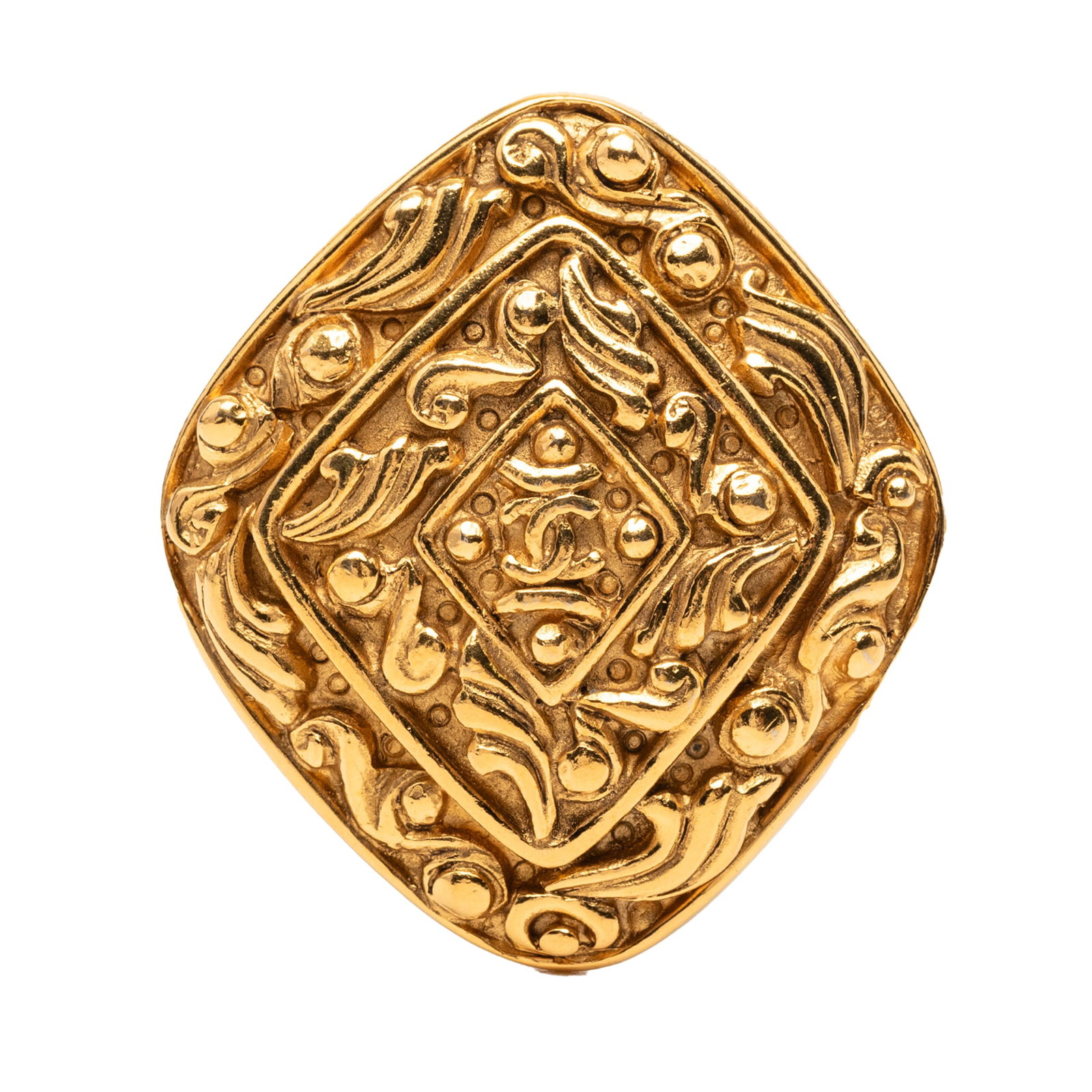 Chanel CC Logo Gold Plated Metal Brooch with Pin Back: Chanel CC Logo Gold Plated Metal Brooch with Pin Back This Chanel brooch features a gold-plated metal body with a pin back closure, showcasing the iconic CC design. Made in France, it belongs to the c