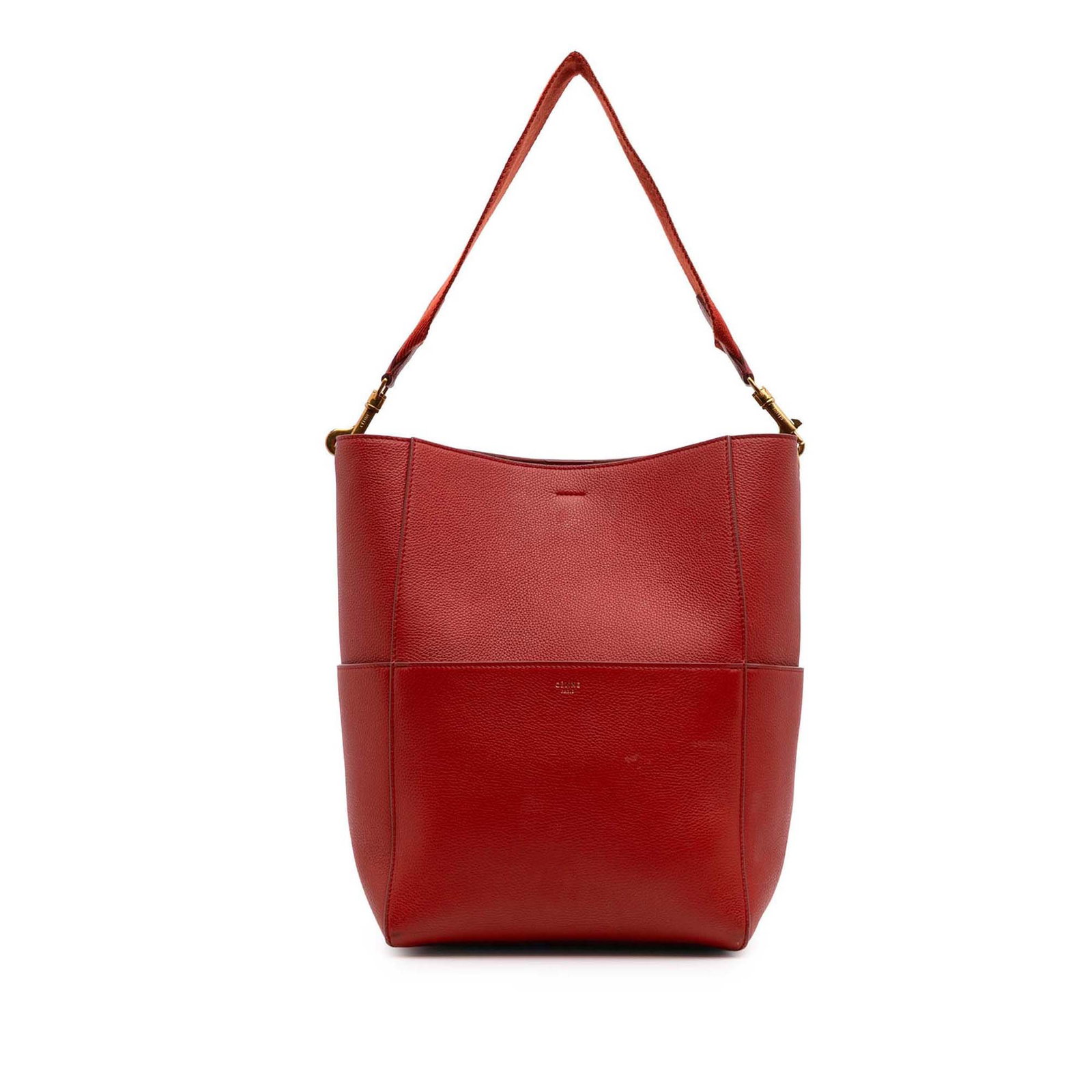 Celine Red Leather Medium Seau Sangle Bucket Bag: Celine Red Leather Medium Seau Sangle Bucket Bag Introducing the Celine Medium Leather Seau Sangle Bucket Bag, a perfect blend of style and practicality. This elegant bag features a durable leather bo
