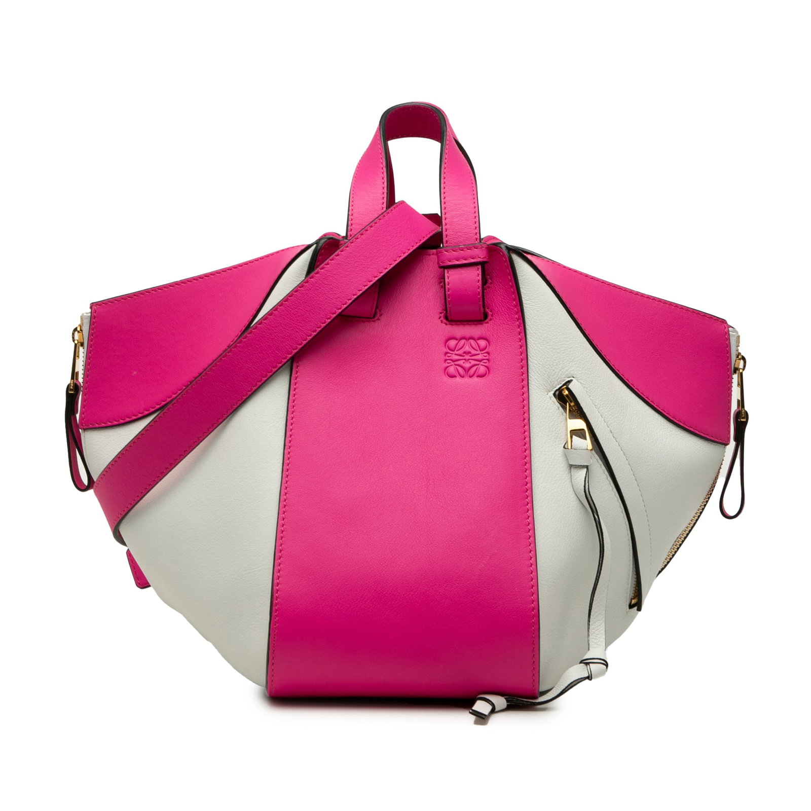 LOEWE Hammock Small Bicolor Calfskin Leather Shoulder Bag: LOEWE Hammock Small Bicolor Calfskin Leather Shoulder Bag This LOEWE Small Bicolor Calfskin Hammock Bag is crafted from leather in a pink colorway and made in Spain. It features flat leather handles, 
