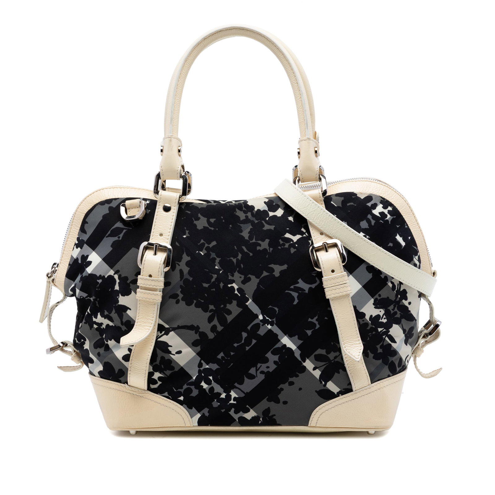 Burberry Foley satchel in Floral Beat Check nylon and patent: Burberry Foley satchel in Floral Beat Check nylon and patent This Burberry Floral Beat Check Foley Satchel features a printed nylon body complemented by patent leather trim. It is designed with a roll