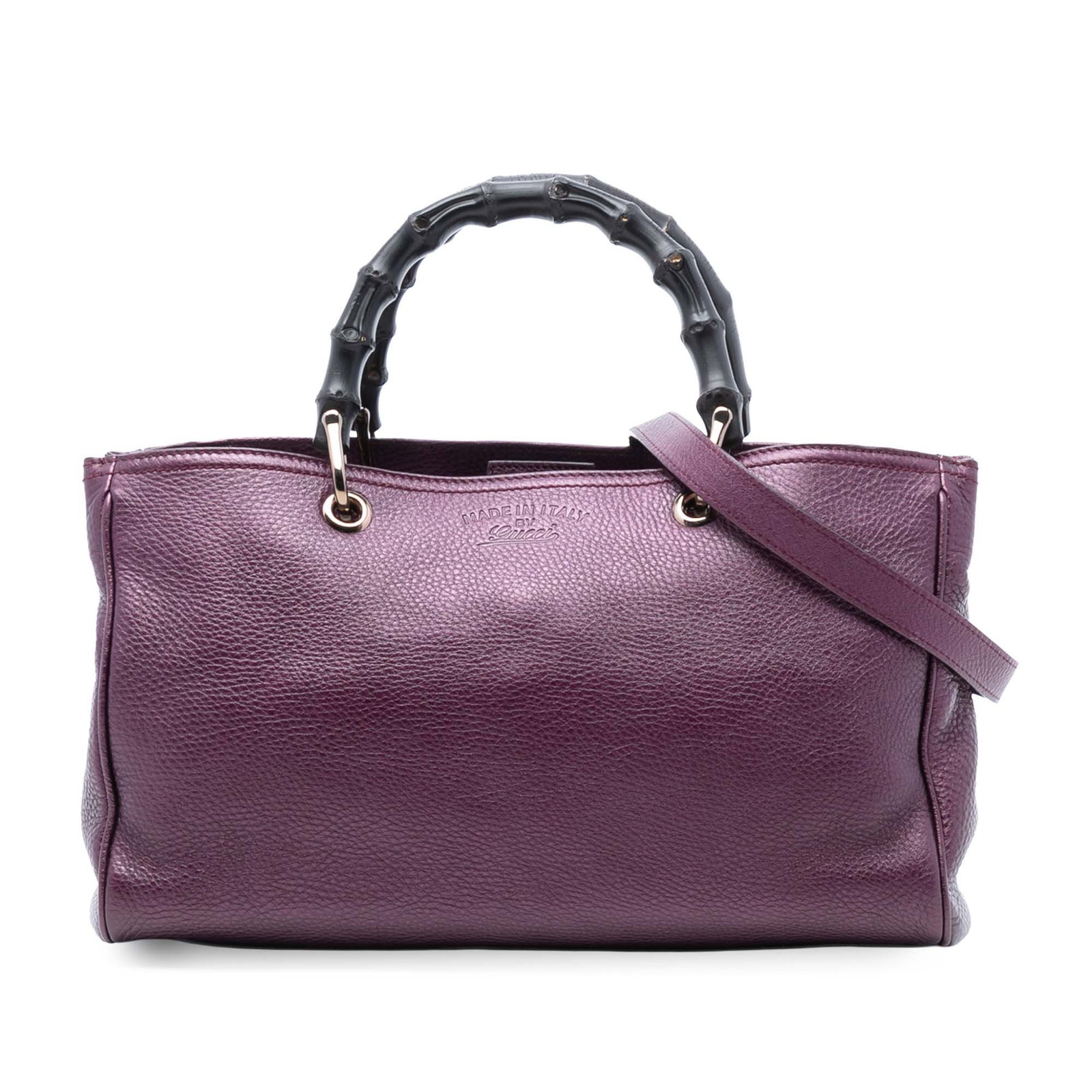 Purple Leather Medium Bamboo Shopper Bag with Detachable Strap by Gucci: Purple Leather Medium Bamboo Shopper Bag with Detachable Strap by Gucci This Gucci Medium Calfskin Bamboo Shopper Satchel features a purple leather body with distinctive bamboo top handles and a detac