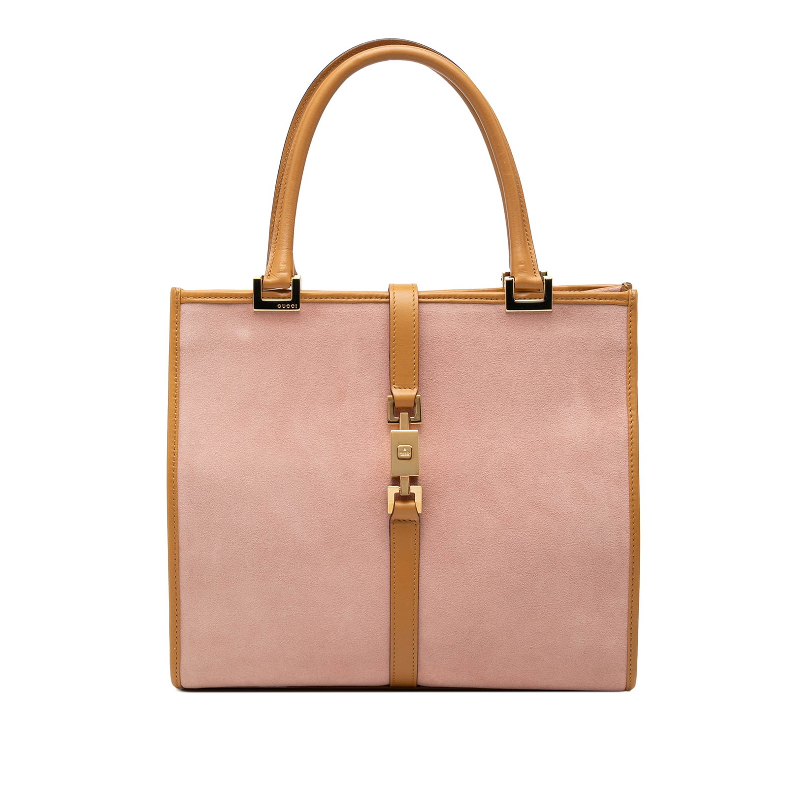 Gucci Jackie Pink Suede Shoulder Bag with Leather Trim: Gucci Jackie Pink Suede Shoulder Bag with Leather Trim Gucci Jackie handbag in pink suede with leather trim and rolled leather handles. The bag features a front strap with push lock closure and an int