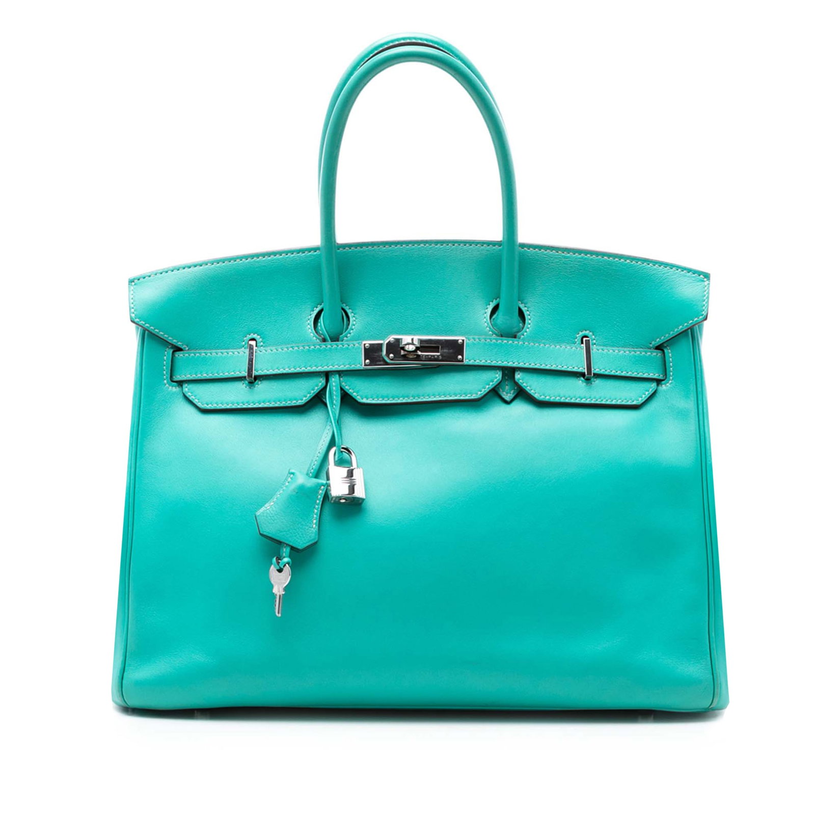 Hermes Birkin 35 Lagon Swift Leather Retourne: Hermes Birkin 35 Lagon Swift Leather Retourne This Hermes Swift Birkin Retourne 35 showcases a Lagon blue Swift leather body, complemented by rolled leather handles, a clochette, and a front flap with