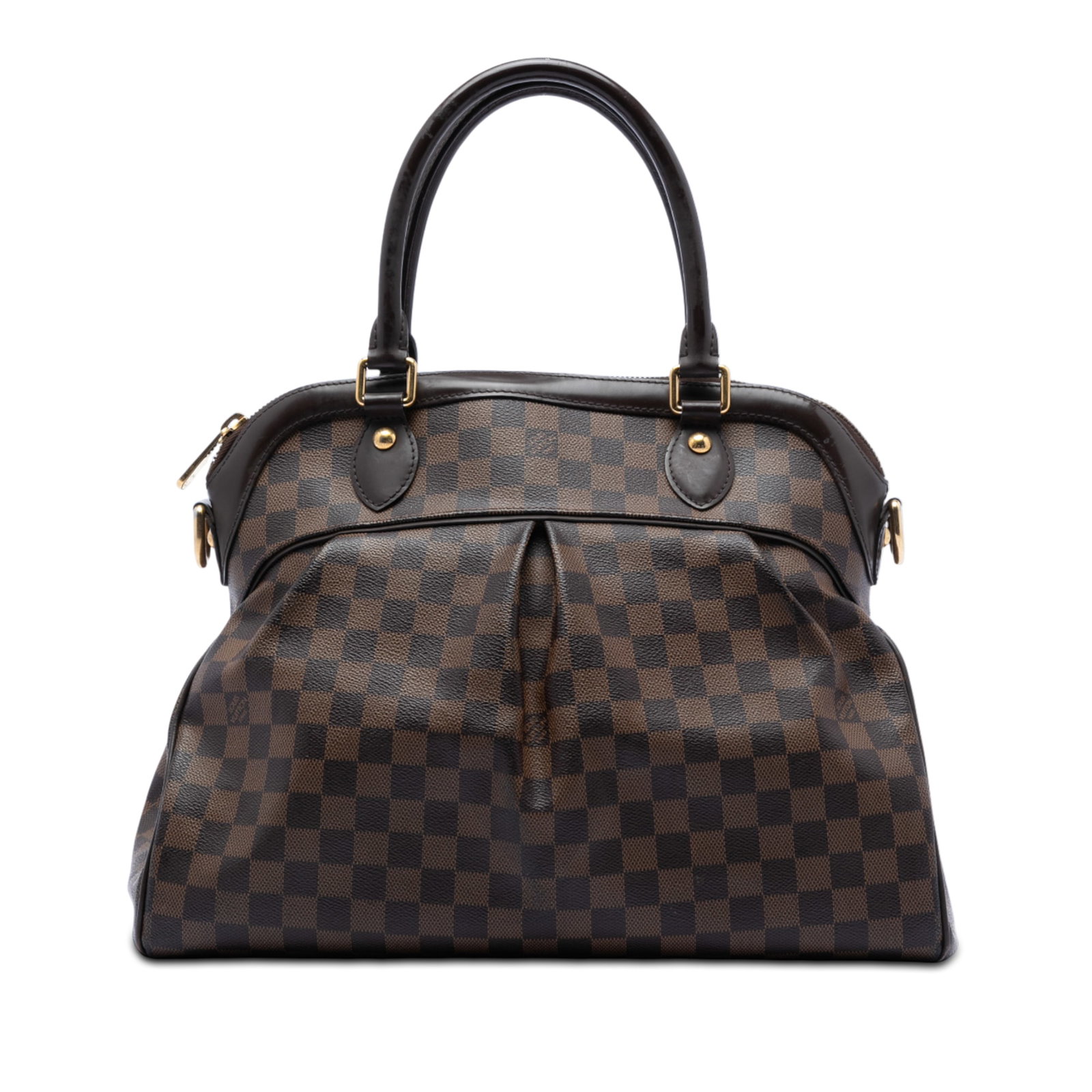 Louis Vuitton Trevi GM Brown Damier Ebene Canvas Handbag with Leather Accents: Louis Vuitton Trevi GM Brown Damier Ebene Canvas Handbag with Leather Accents The Louis Vuitton Damier Ebene Trevi GM features a signature damier ebene canvas body complemented by leather trim and rol