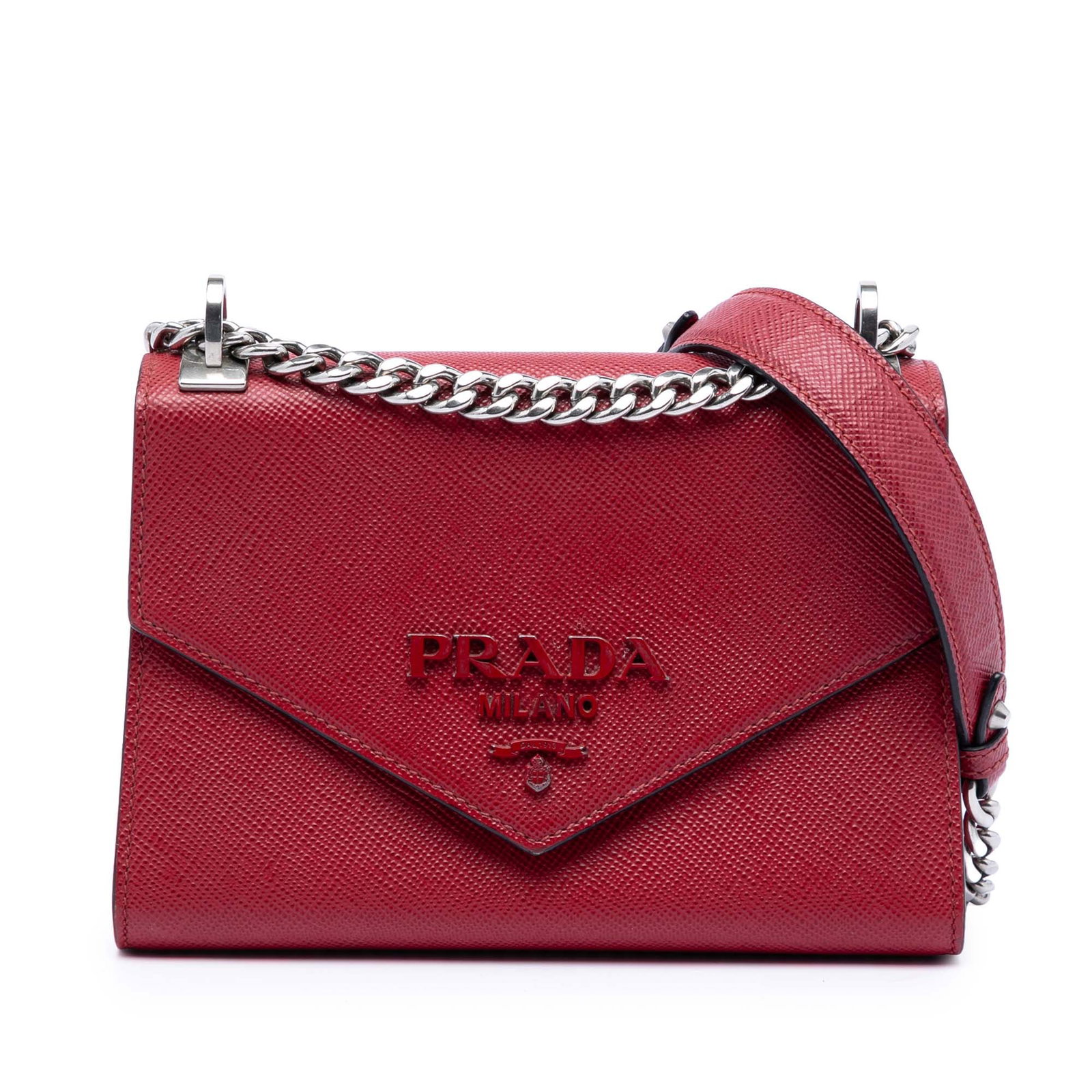 Prada Saffiano Cuir Red Leather Envelope Crossbody Bag: Prada Saffiano Cuir Red Leather Envelope Crossbody Bag This Prada Saffiano Cuir Monochrome Envelope Crossbody bag features a saffiano leather body, an adjustable flat saffiano strap, a front flap with