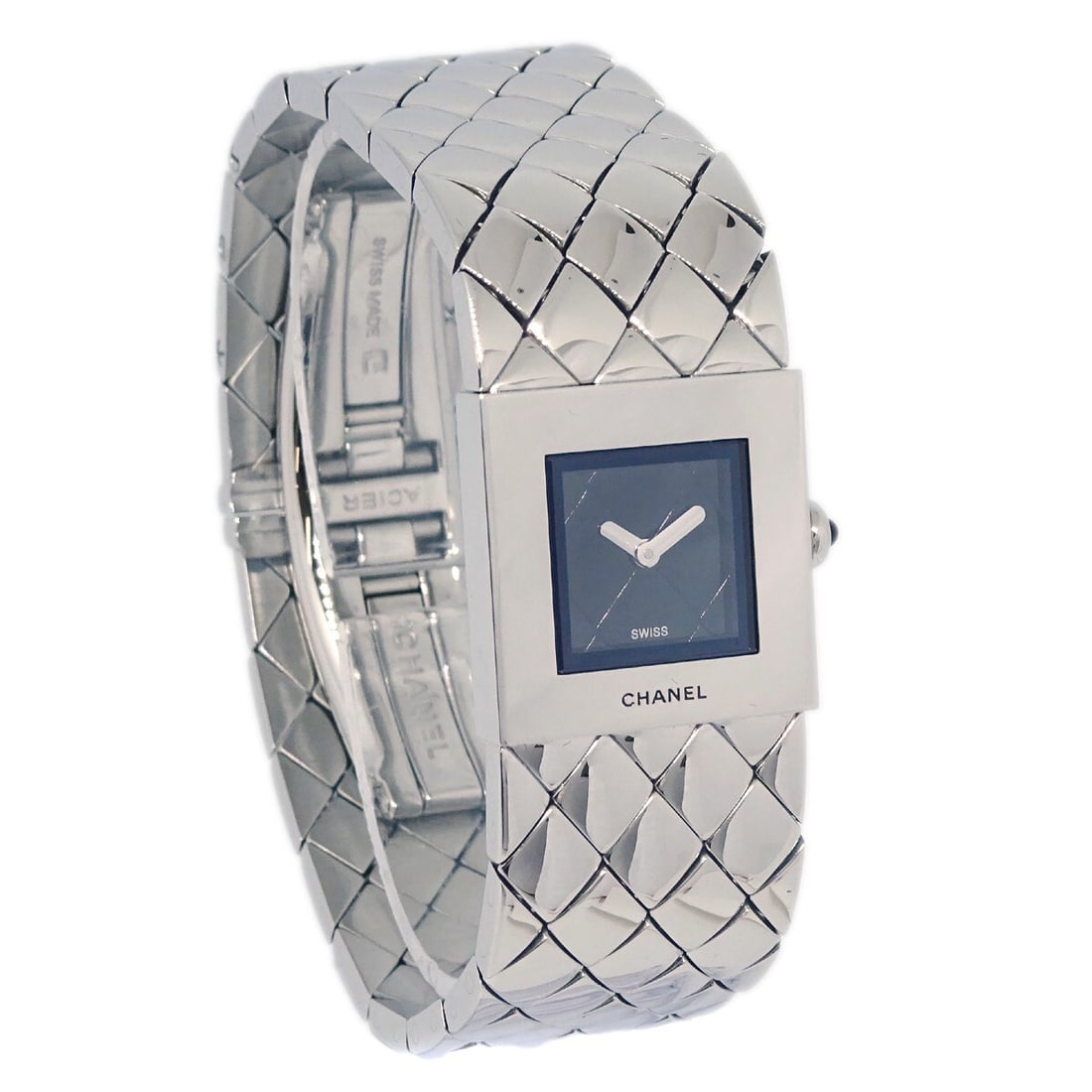 CHANEL Matelasse women's quartz wristwatch black dial stainless steel: CHANEL Matelasse women's quartz wristwatch black dial stainless steel Chanel Matelasse quartz wristwatch in stainless steel with a silver case and silver stainless steel band. It features a black anal