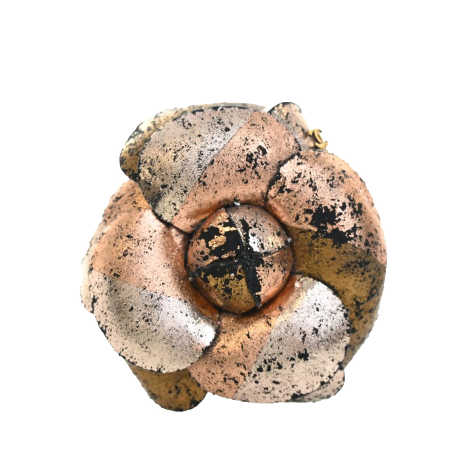 Chanel Camellia CC Pink Metallic Fabric Brooch: Chanel Camellia CC Pink Metallic Fabric Brooch Chanel CC Metallic Canvas Camellia Brooch in pink fabric with a camellia design and back pin closure. Includes box. Condition is AB with noted scratches 