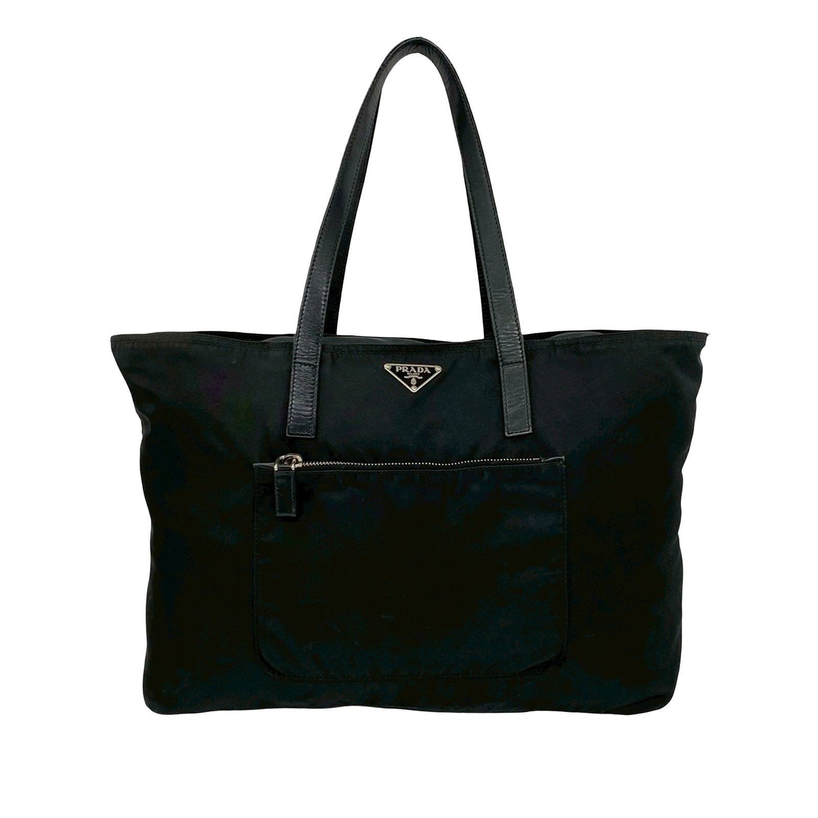 Prada Tessuto Zip Tote Black Nylon Handbag: Prada Tessuto Zip Tote Black Nylon Handbag Prada Tessuto Zip Tote in black, made with a nylon body and flat leather straps. It features a top zip closure and an exterior front zip pocket. Made in Ital