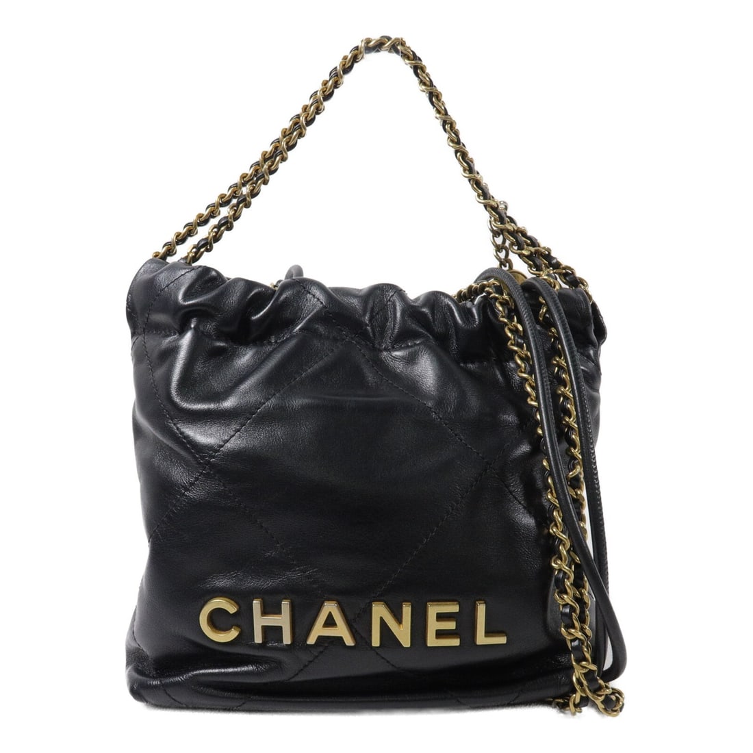 CHANEL Mini 22 Shoulder Bag Black Calfskin Chain Strap CC GHW: CHANEL Mini 22 Shoulder Bag Black Calfskin Chain Strap CC GHW A CHANEL Chanel 22 Mini 2 Way Chain Shoulder Bag in black calfskin (cowhide) leather. This women's regular-size shoulder bag features a bl