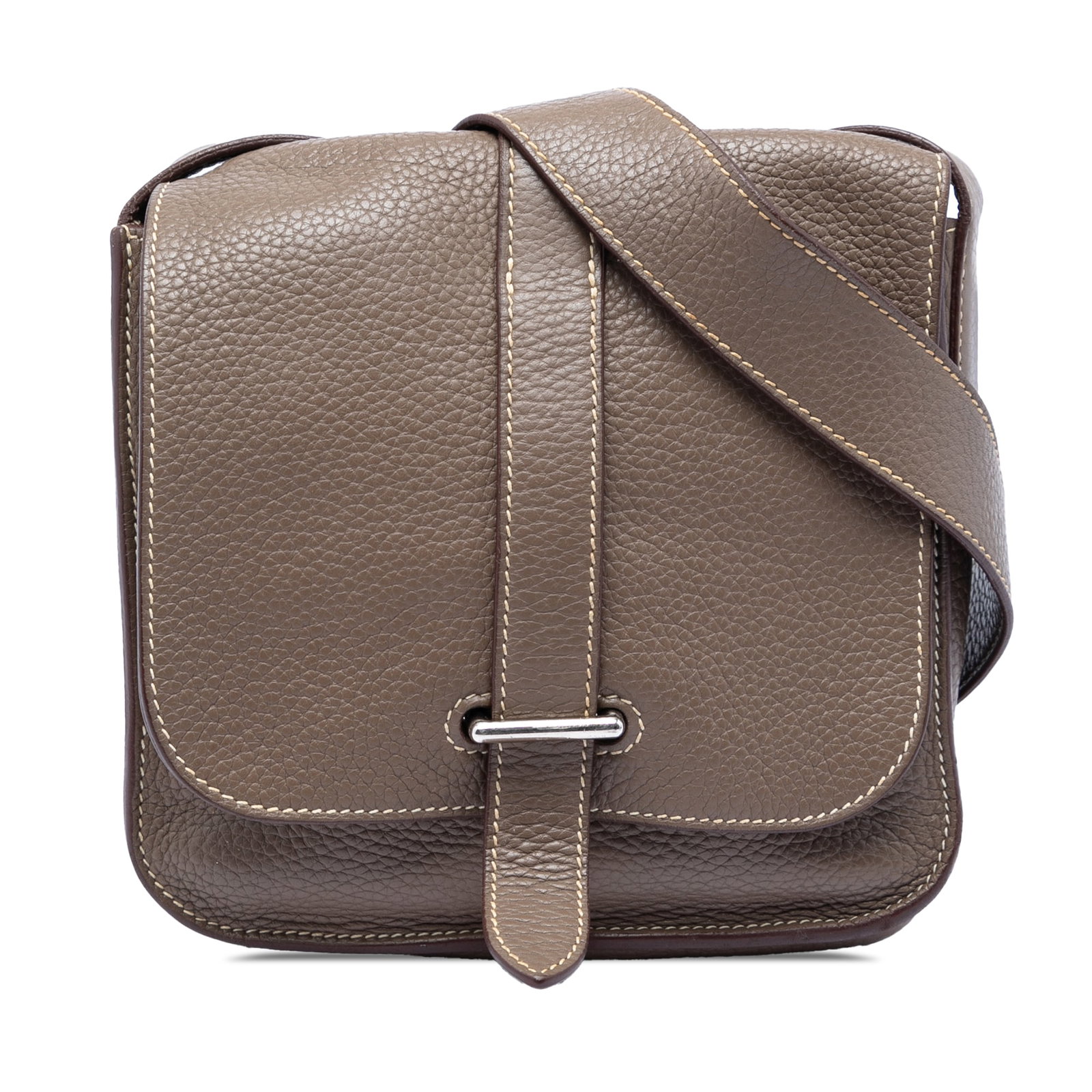 Hermes Etoupe Clemence Leather Steve Pochette Bag: Hermes Etoupe Clemence Leather Steve Pochette Bag This Hermes Clemence Steve Pochette features a supple Clemence leather body in Etoupe color, complemented by a flat leather strap and a front flap wit