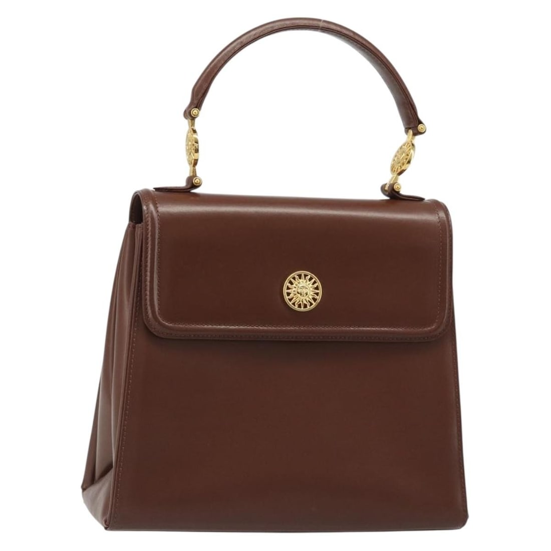 Versace Brown Leather Handbag Gold Tone Made in Italy: Versace Brown Leather Handbag Gold Tone Made in Italy Versace hand bag in brown and gold leather, made in Italy. It features a handle drop of approximately 5.5 inches (14 cm) and measures approximatel
