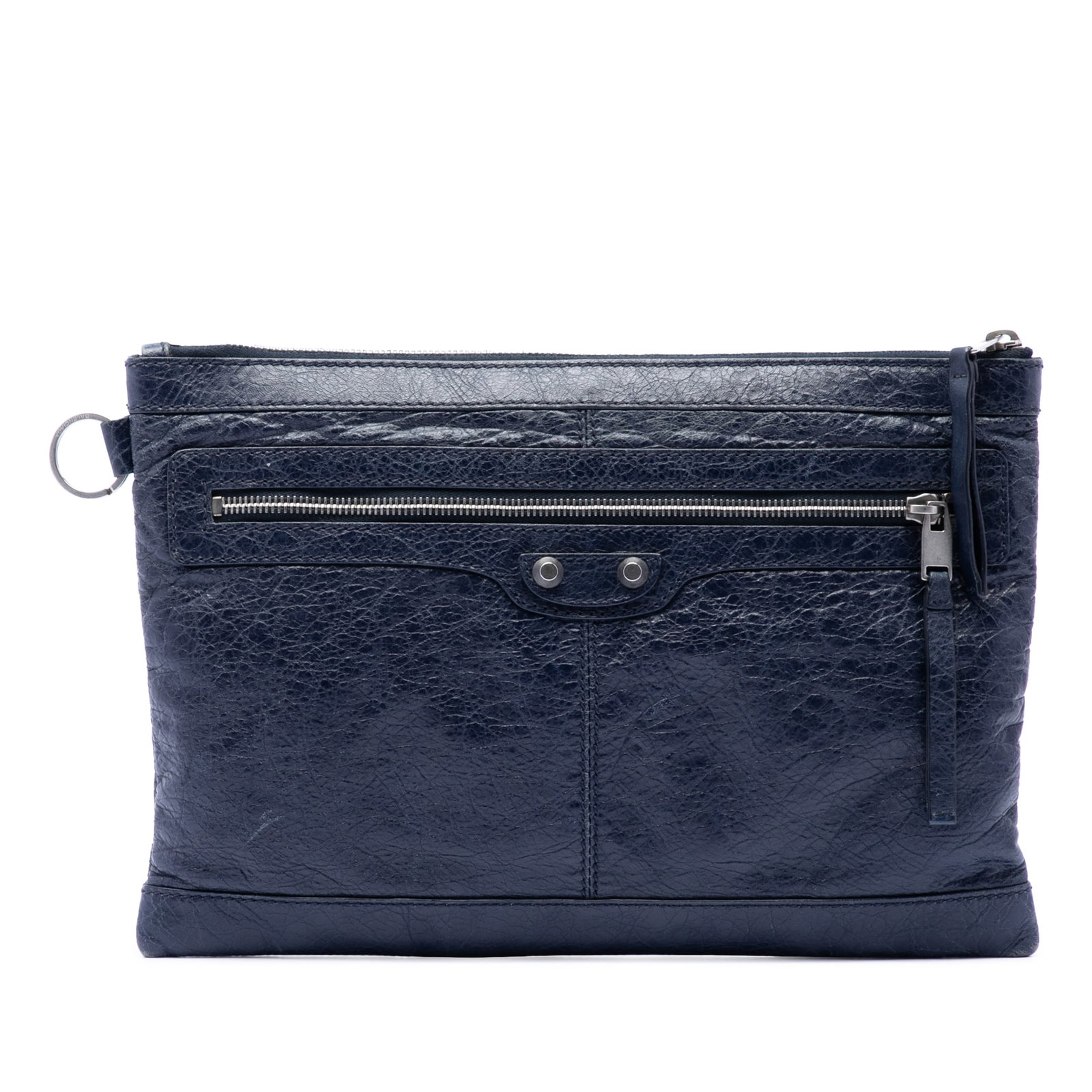 Balenciaga Classic Clip M Motocross Lambskin Leather Clutch Blue: Balenciaga Classic Clip M Motocross Lambskin Leather Clutch Blue Balenciaga Lambskin Motocross Classic Clip M Clutch in blue, made in Italy. This bag features a lambskin leather body, a top zip closur