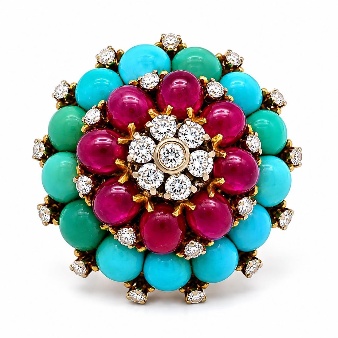 Vintage 17-18k Yellow Gold Cocktail Ring with Turquoise Ruby Diamond Cluster: Vintage 17-18k Yellow Gold Cocktail Ring with Turquoise Ruby Diamond Cluster Vintage cocktail ring featuring a flower cluster round platter design with turquoise, ruby, and diamond stones. It is craft