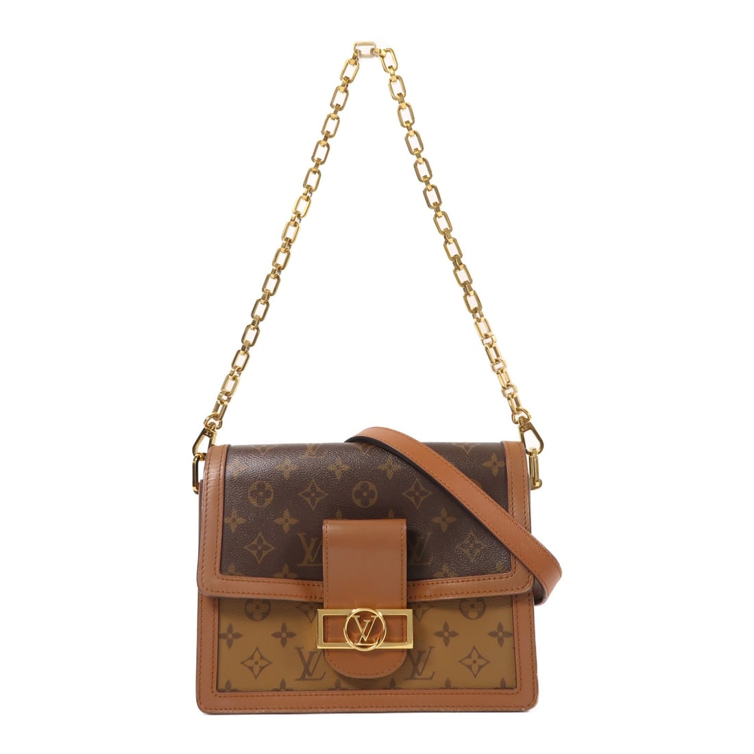 Louis Vuitton Dauphine MM Shoulder Bag M45958 Monogram Reverse: Louis Vuitton Dauphine MM Shoulder Bag M45958 Monogram Reverse Louis Vuitton Dauphine MM crossbody shoulder bag in brown Monogram Reverse x PVC coated canvas. It features a magnetic pocket, one inside
