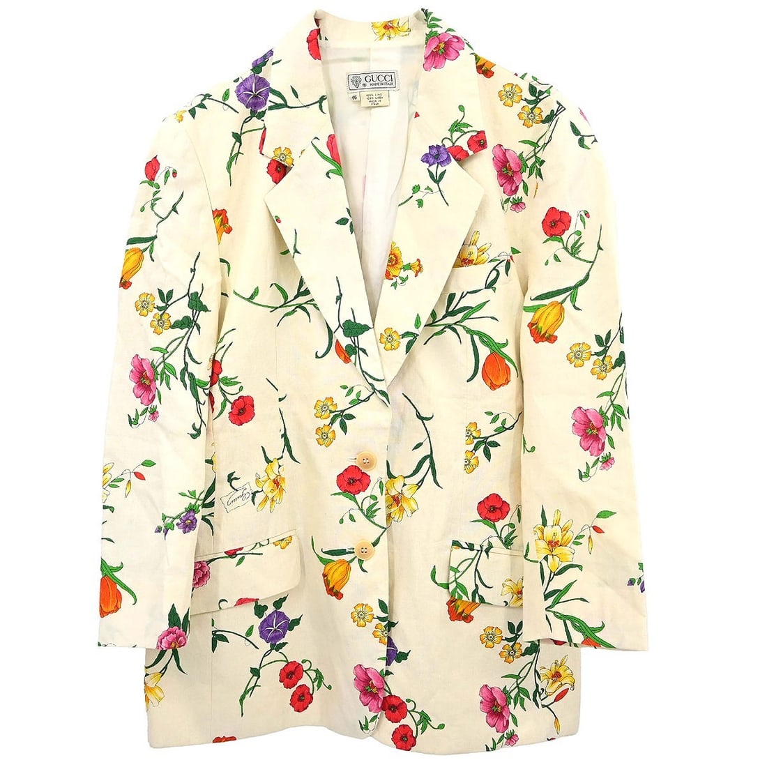 Gucci Womens Linen Long Jacket IT 46 Made in Italy: Gucci Womens Linen Long Jacket IT 46 Made in Italy Vintage Gucci single-breasted jacket in 100% linen with a long silhouette and regular fit. Designed with long sleeves and three exterior pockets, thi