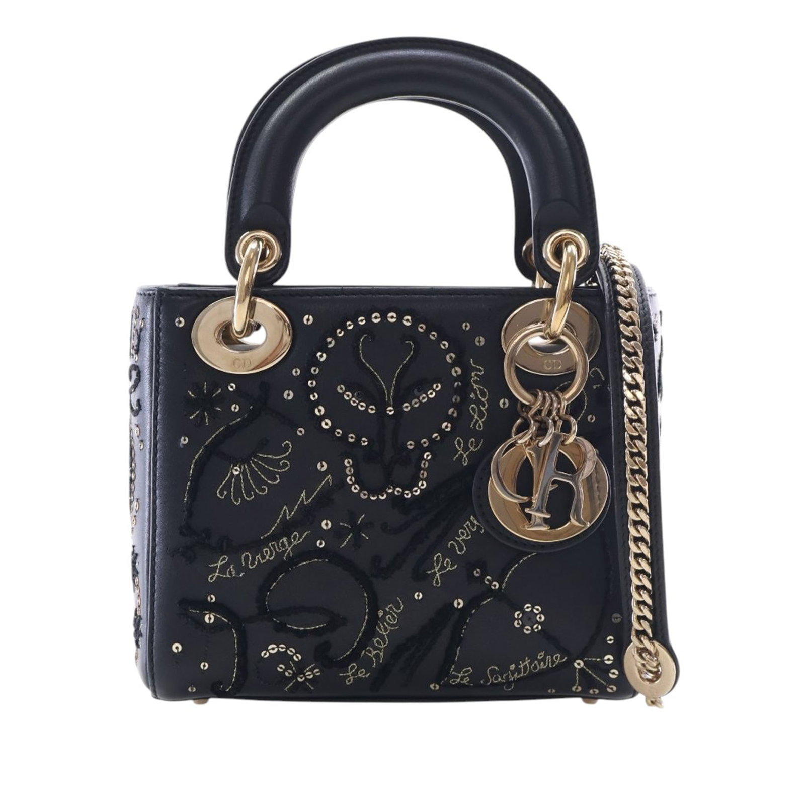 Dior Lady Dior Mini Satchel Black Lambskin Sequin Astrology: Dior Lady Dior Mini Satchel Black Lambskin Sequin Astrology Mini Lady Dior satchel in black embroidered lambskin with sequin detailing. The bag features flat leather handles, a top zip closure, and an