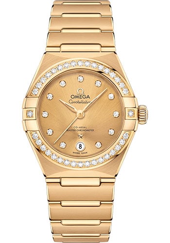 Omega Ladies Constellation Diamond Champagne Dial Watch Ref 131.55.29.20.58.001 with Card: Omega Ladies Constellation Diamond Champagne Dial Watch Ref 131.55.29.20.58.001 with Card This Omega Constellation ladies watch features a champagne diamond dial complemented by a diamond bezel. The t