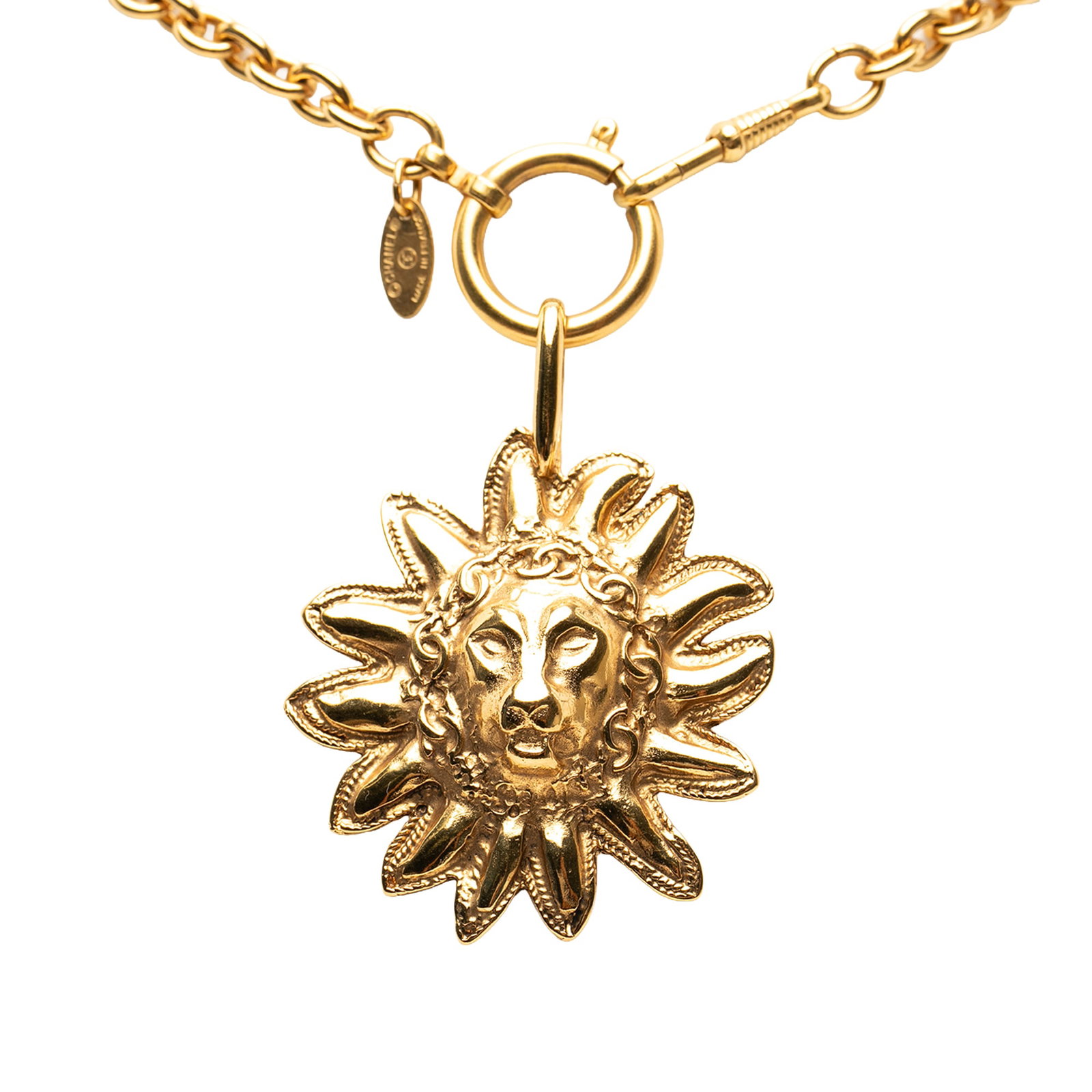 Chanel Leo Lion Sun Medallion Gold Plated Pendant Necklace: Chanel Leo Lion Sun Medallion Gold Plated Pendant Necklace Gold plated metal necklace with a spring ring closure and a CC Gold Plated Leo Lion Sun Medallion Pendant design. Originating from France, th