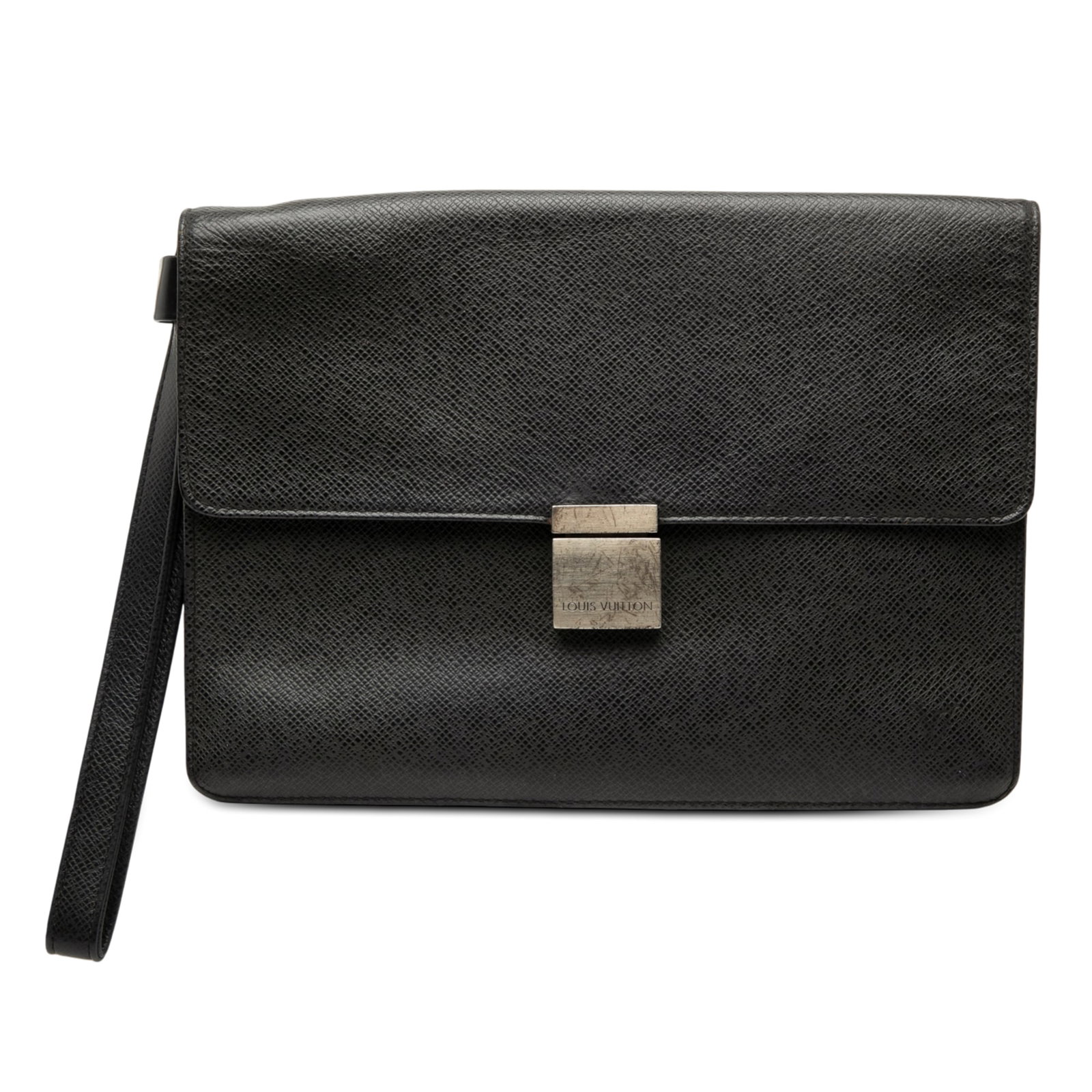 Black Taiga Leather Selenga Wristlet Bag by Louis Vuitton: Black Taiga Leather Selenga Wristlet Bag by Louis Vuitton The Louis Vuitton Taiga Selenga is crafted from black taiga leather and features a flat leather wrist strap, a front flap with a push lock clo