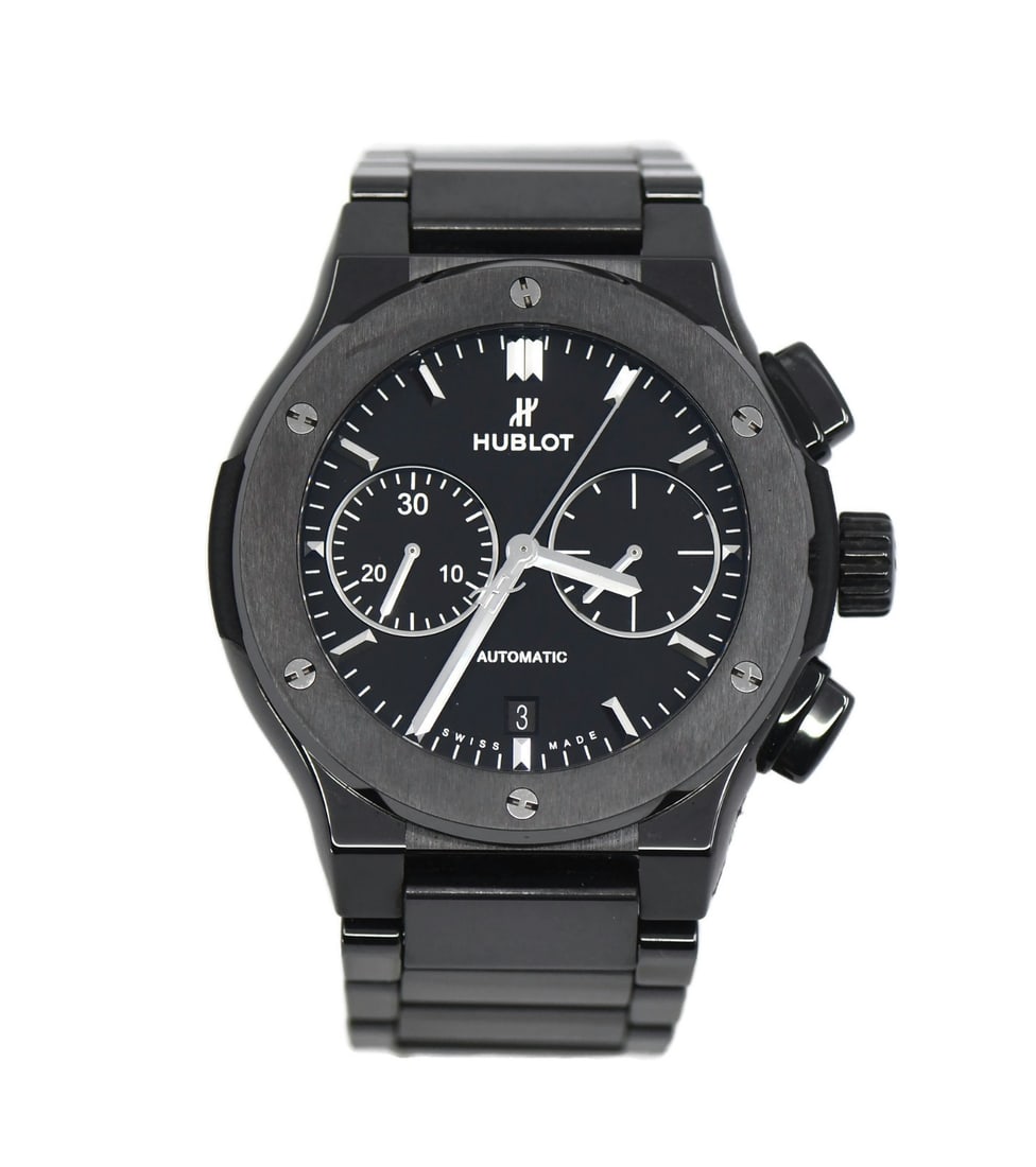 Hublot 520.CM.1170.CM Classic Fusion Ceramic Chronograph Wristwatch: Hublot 520.CM.1170.CM Classic Fusion Ceramic Chronograph Wristwatch Hublot Classic Fusion Chronograph wristwatch with a black ceramic case and matching black ceramic bracelet. It features a round blac