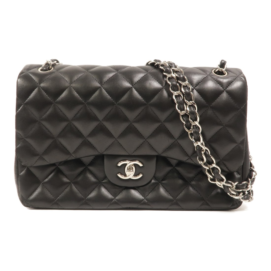 CHANEL A58600 Large Classic Shoulder Bag Black Lambskin CC SHW: CHANEL A58600 Large Classic Shoulder Bag Black Lambskin CC SHW A CHANEL CC SHW Large Classic Chain Shoulder Bag, model A58600, in black lambskin leather. It features a turn-lock closure and a classic 