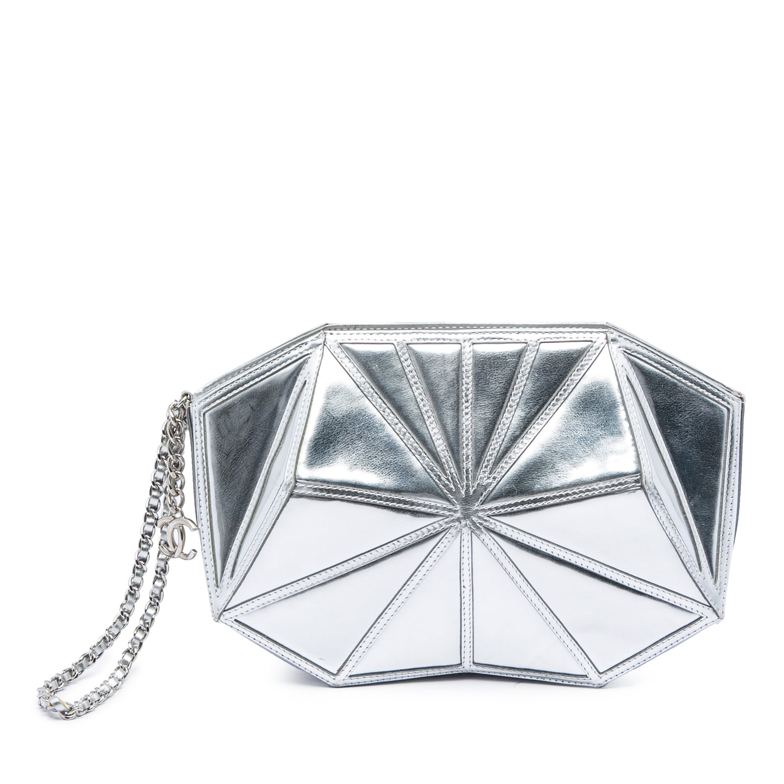 Chanel Midnight Swim Metallic Lambskin Wristlet Clutch Silver: Chanel Midnight Swim Metallic Lambskin Wristlet Clutch Silver Metallic lambskin leather wristlet clutch in silver with a leather-woven chain link wrist strap, top zip closure, and an interior slip poc