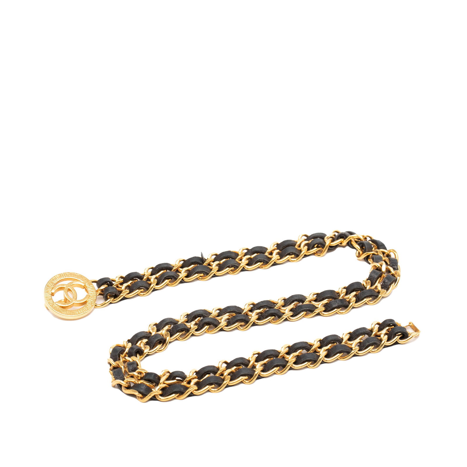 Chanel Double Chain Belt with Gold Tone Leather Woven Links and Medallion: Chanel Double Chain Belt with Gold Tone Leather Woven Links and Medallion This Chanel belt features a gold-tone double chain link design with leather woven throughout and a medallion charm accent. It 