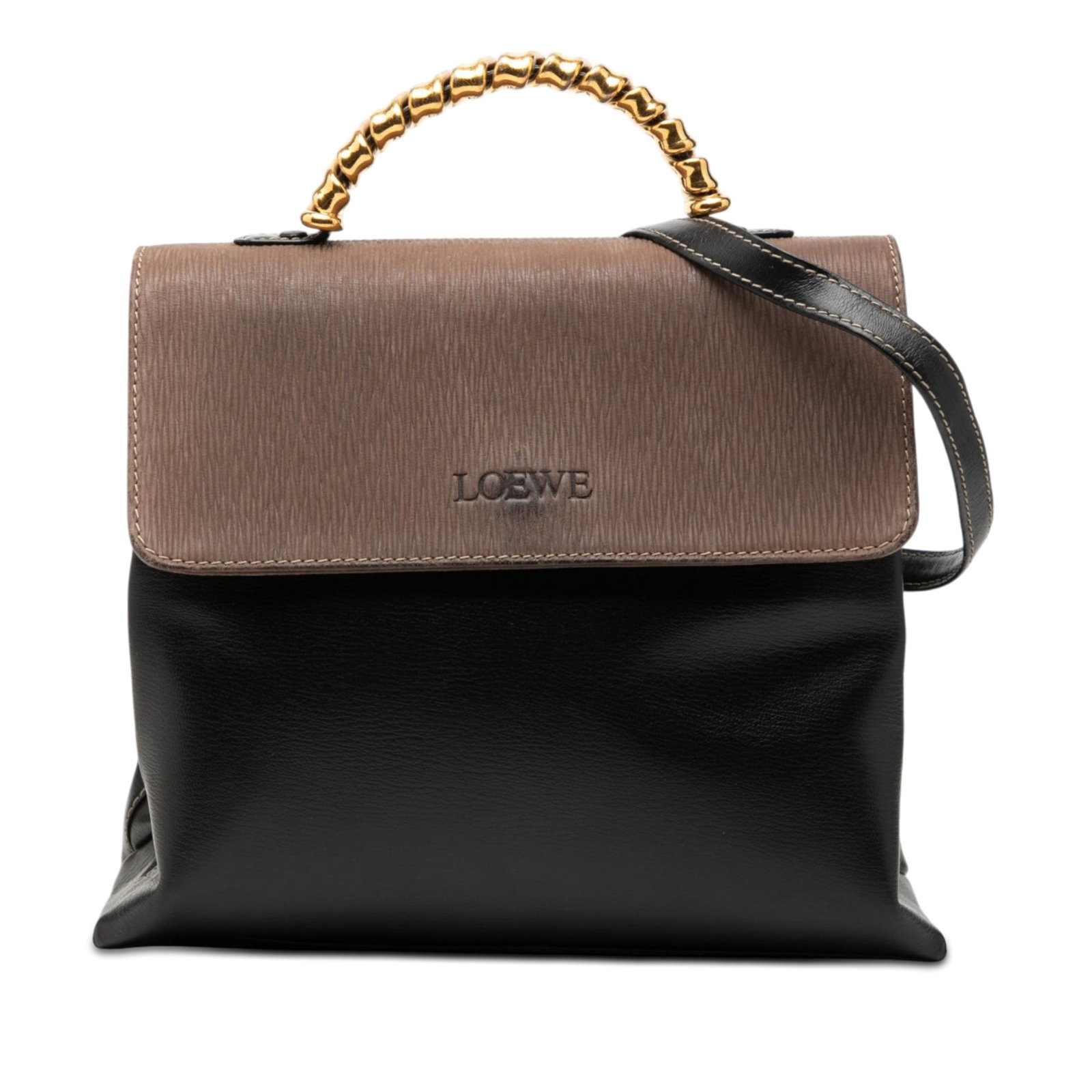 LOEWE Velazquez bicolor leather top handle satchel: LOEWE Velazquez bicolor leather top handle satchel This LOEWE Bicolor Leather Velazquez Twist Top Handle Bag features a structured leather body with a rolled leather handle accented by twisted gold-to