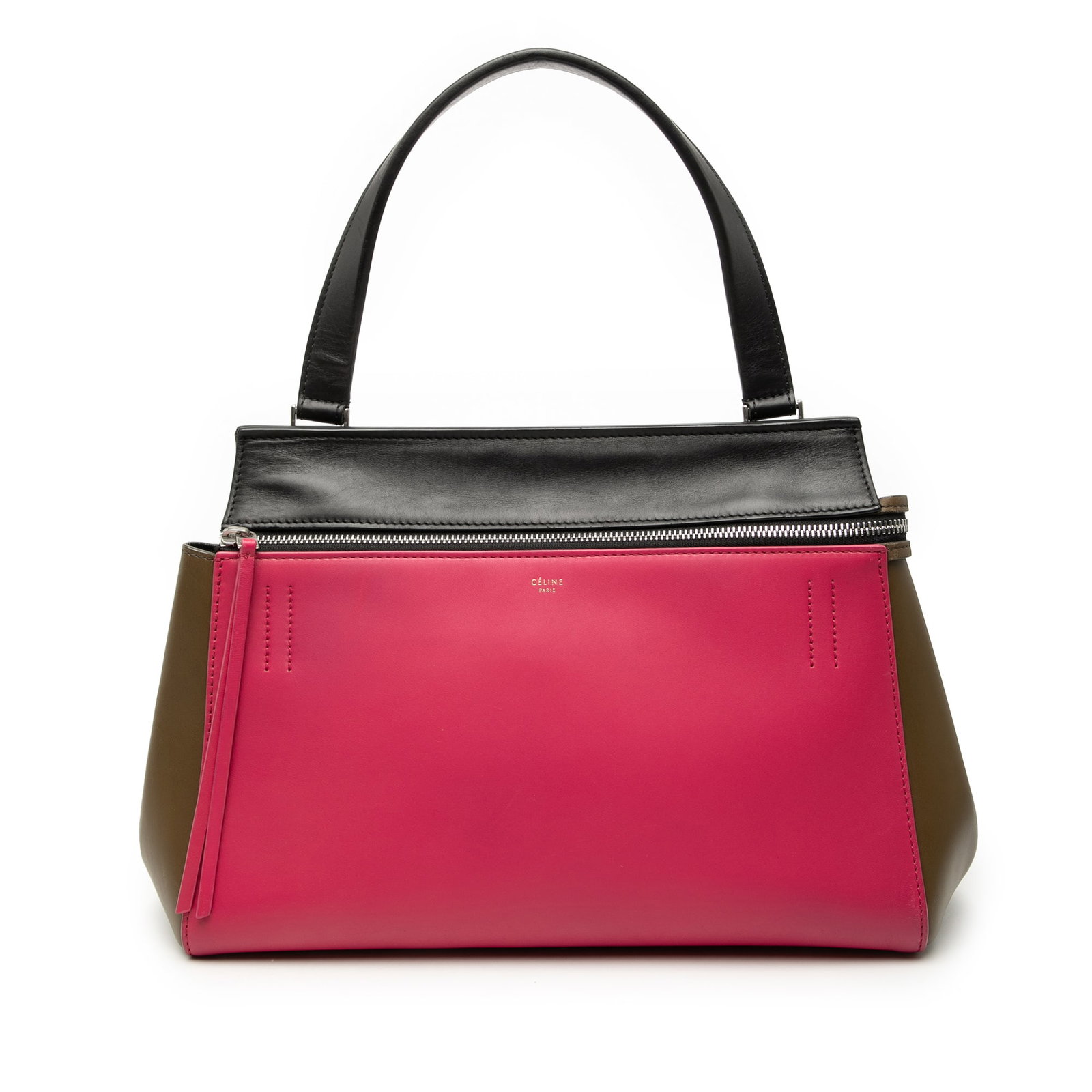 Celine pink tricolor leather Edge bag medium: Celine pink tricolor leather Edge bag medium This Celine Medium Tricolor Leather Edge Handbag is crafted from leather and features a structured silhouette. It includes a flat leather handle, a top zip