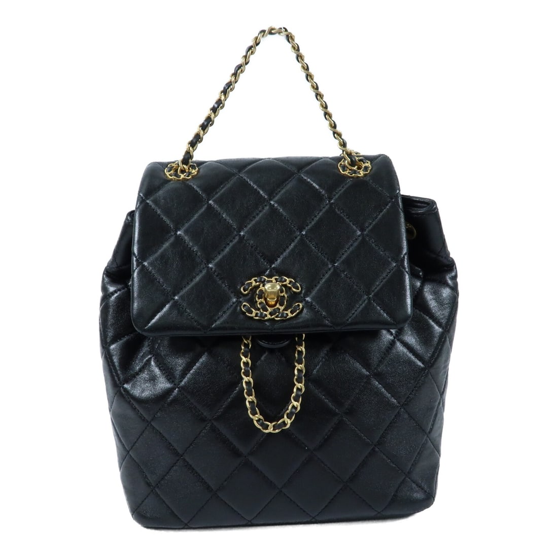 CHANEL AS4762 CC Rucksack Backpack Black Lambskin: CHANEL AS4762 CC Rucksack Backpack Black Lambskin CHANEL CC GHW Backpack AS4762 is a black lambskin leather rucksack backpack for women. It features a turn lock closure, one open inside pocket, and co