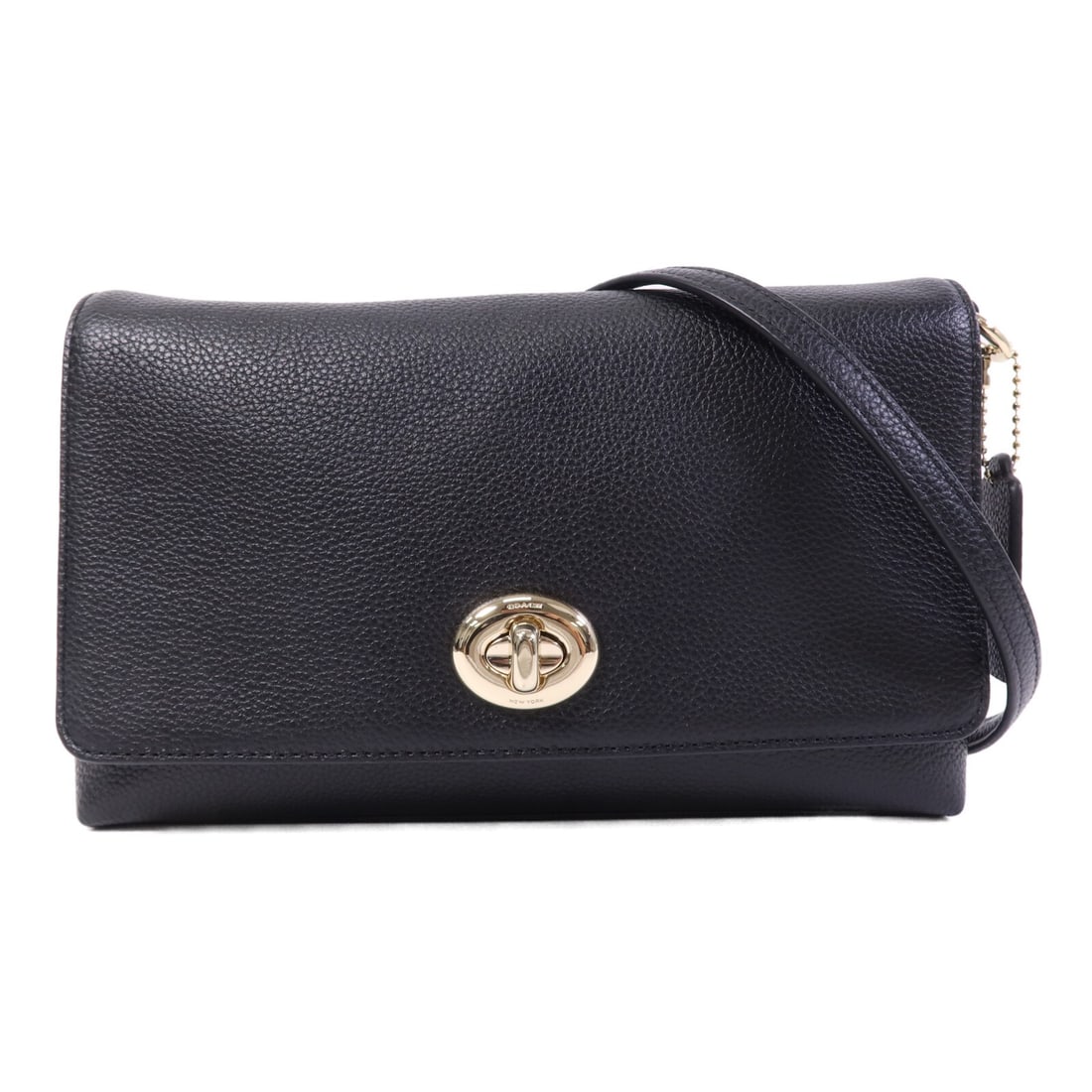 COACH F1681 black calfskin shoulder bag with gold tone hardware: COACH F1681 black calfskin shoulder bag with gold tone hardware COACH shoulder bag in black calfskin (cowhide) leather, model F1681. It features a turn lock closure, one outside open pocket, one insid