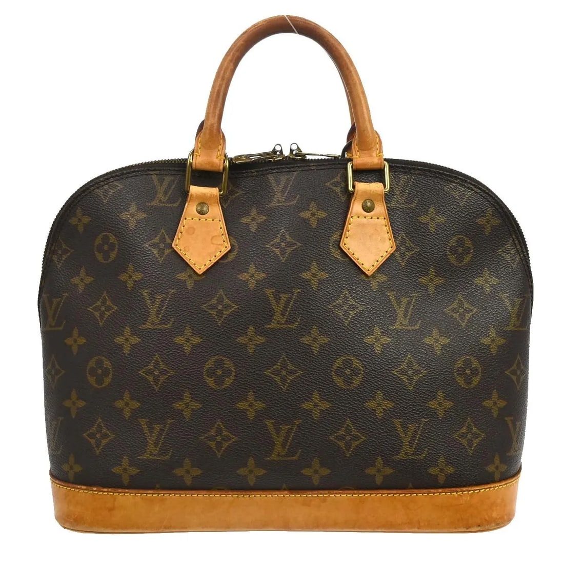 Louis Vuitton Alma handbag in brown monogram canvas: Louis Vuitton Alma handbag in brown monogram canvas Louis Vuitton Alma handbag in brown monogram canvas. This structured handbag is made in France and shows visible wear throughout, including scuffs, 