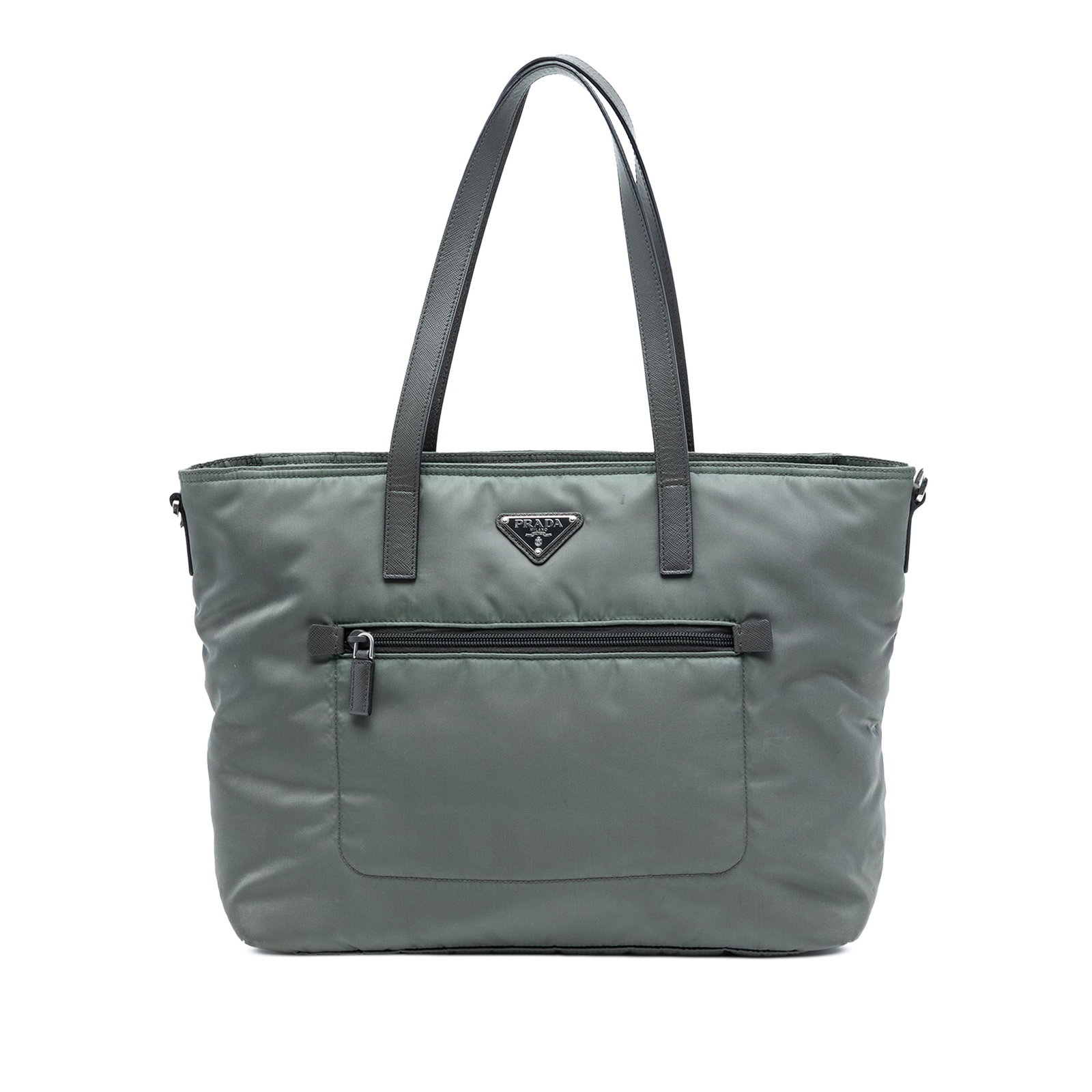 Prada Tessuto Gray Nylon Convertible Tote with Leather Handles: Prada Tessuto Gray Nylon Convertible Tote with Leather Handles This Prada Tessuto Zip Top Convertible Tote features a gray nylon body complemented by flat leather handles. The bag is designed with a t