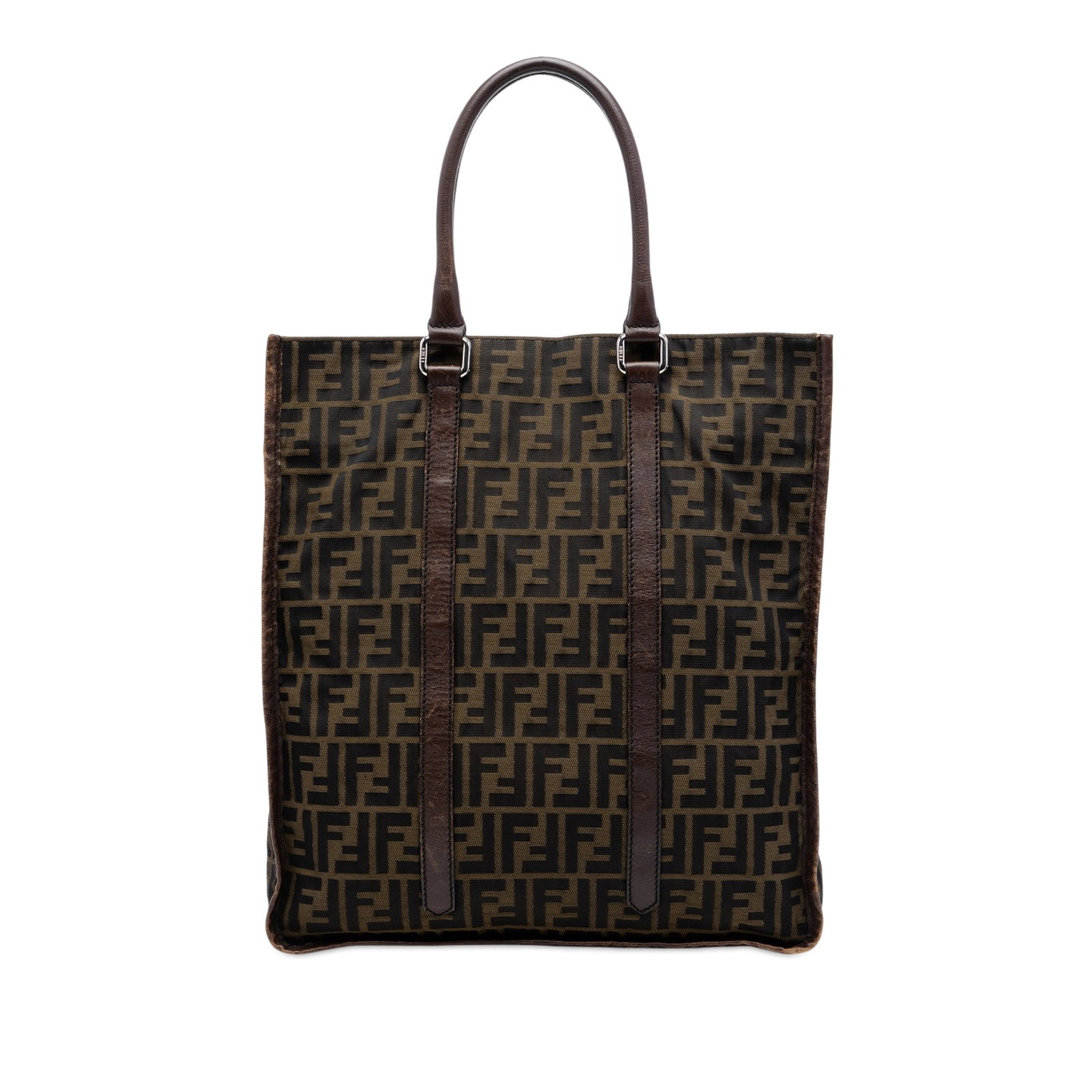 Fendi Zucca Canvas Brown Vertical Tote with Zip Pouch: Fendi Zucca Canvas Brown Vertical Tote with Zip Pouch This Fendi Zucca Canvas Vertical Tote features a brown canvas body with leather trim and rolled leather handles. The bag has an open top and inclu