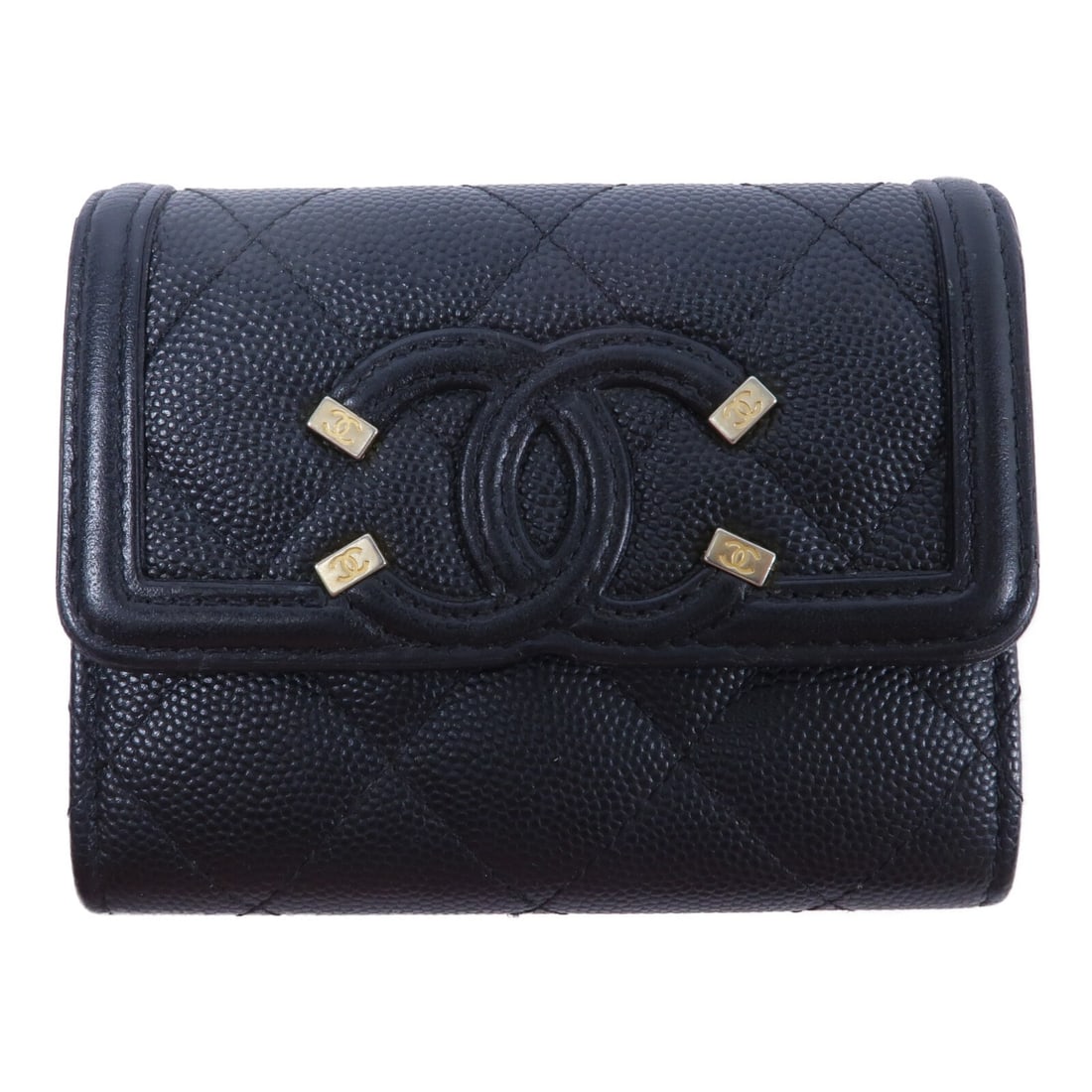 CHANEL A81460 Filigree CC Wallet Black Calfskin GHW: CHANEL A81460 Filigree CC Wallet Black Calfskin GHW A CHANEL CC Filigree Vanity CC Wallet, model A81460, in black calfskin leather. It features a hook button closure and includes a hologram sticker. T