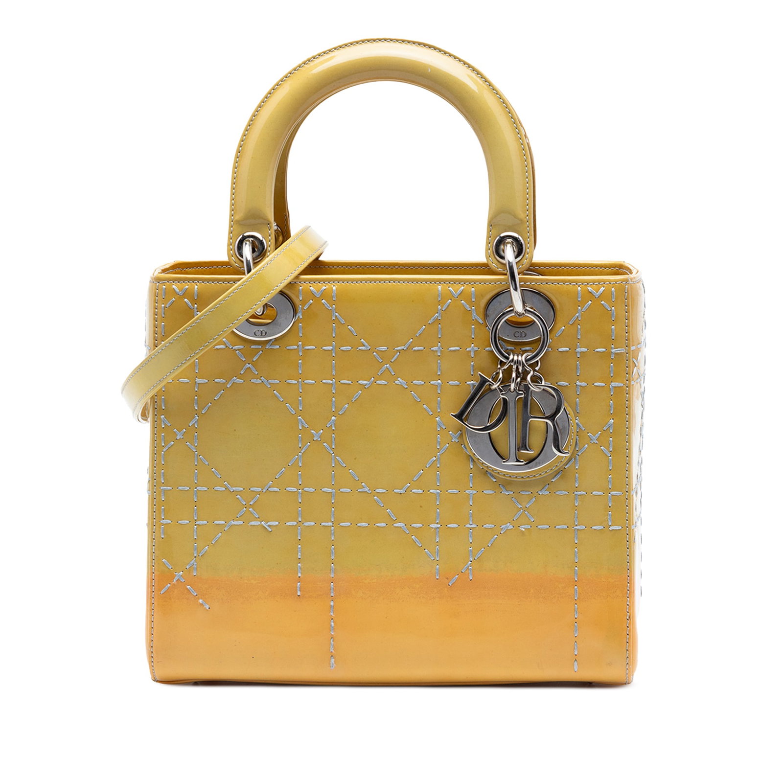 Dior Medium Ombre Cannage Lady Handbag Patent Leather Yellow: Dior Medium Ombre Cannage Lady Handbag Patent Leather Yellow This Medium Ombre Patent Cannage Lady Dior bag features a patent leather exterior in a yellow ombre finish, flat top handles, and a detacha