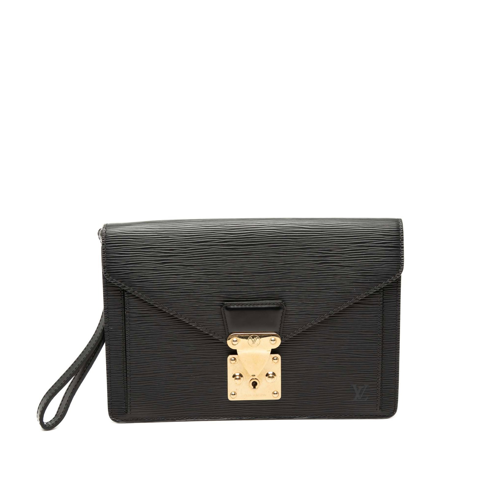 Louis Vuitton Sellier Dragonne Epi Leather Wristlet Clutch Black: Louis Vuitton Sellier Dragonne Epi Leather Wristlet Clutch Black Louis Vuitton Epi Pochette Sellier Dragonne in black leather with a flat wrist strap, front flap, push-lock closure, and interior zip a
