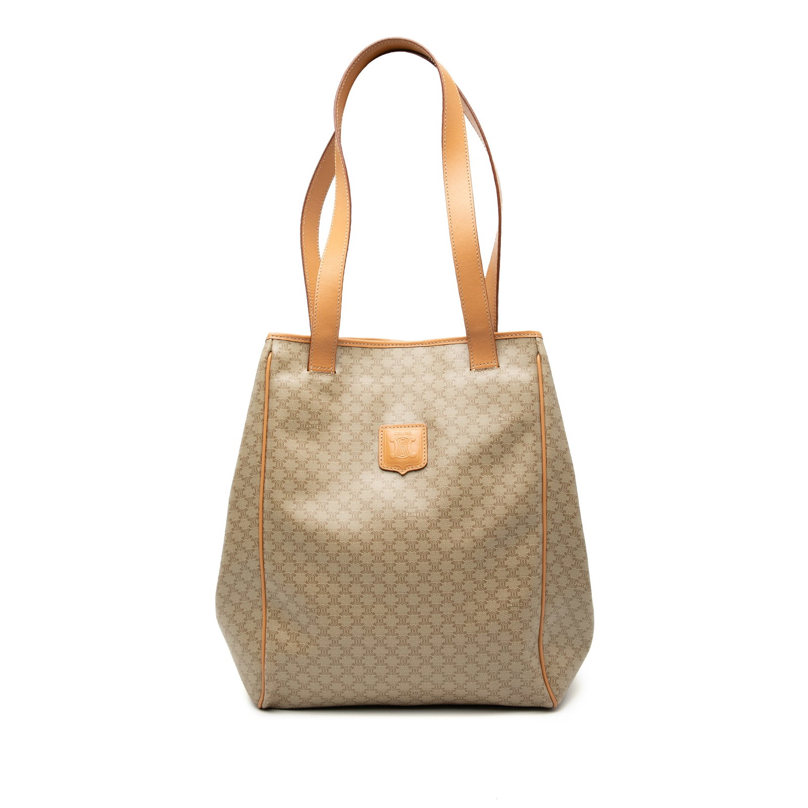 Celine Macadam Beige Coated Canvas Tote Bag with Leather Trim: Celine Macadam Beige Coated Canvas Tote Bag with Leather Trim This Celine Macadam Tote is crafted from coated canvas with leather trim, featuring flat leather straps and an open top secured by a magne