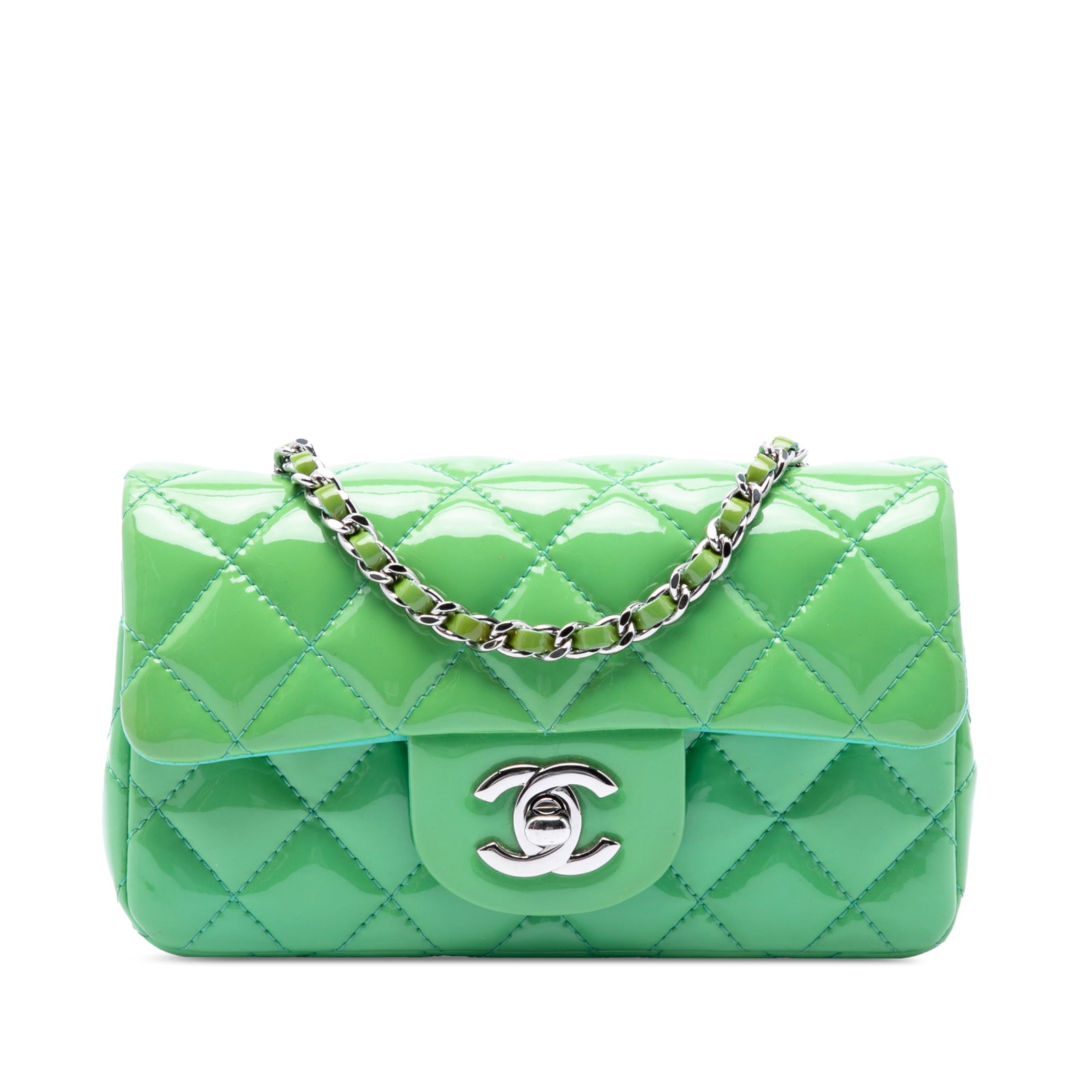 Chanel Extra Mini Rectangular Classic Flap Patent Leather Crossbody: Chanel Extra Mini Rectangular Classic Flap Patent Leather Crossbody A Chanel Extra Mini Rectangular Classic Patent Single Flap crossbody bag crafted with a quilted patent leather body and a leather-wo