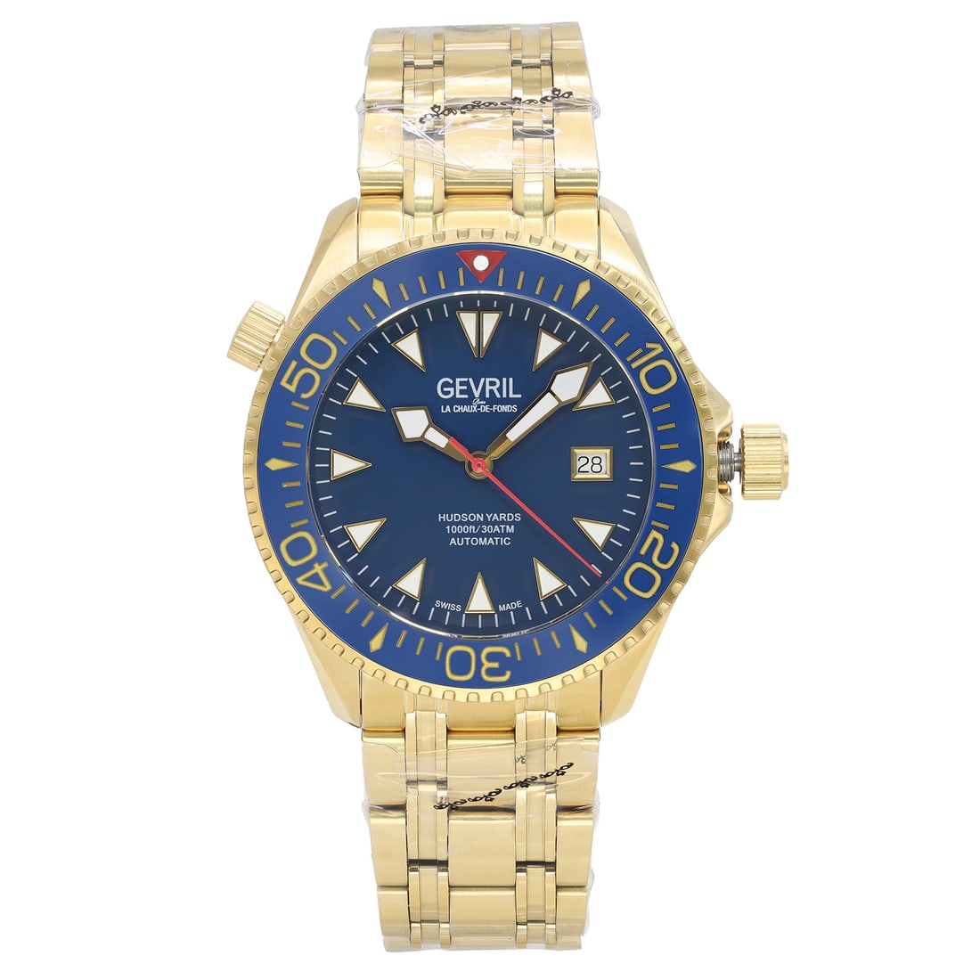 Gevril Hudson Yards 43mm Gold Tone Blue Dial Automatic Watch with Box: Gevril Hudson Yards 43mm Gold Tone Blue Dial Automatic Watch with Box Discover the exquisite Gevril Hudson Yards wristwatch, designed for the discerning man. This 43mm automatic timepiece features a s