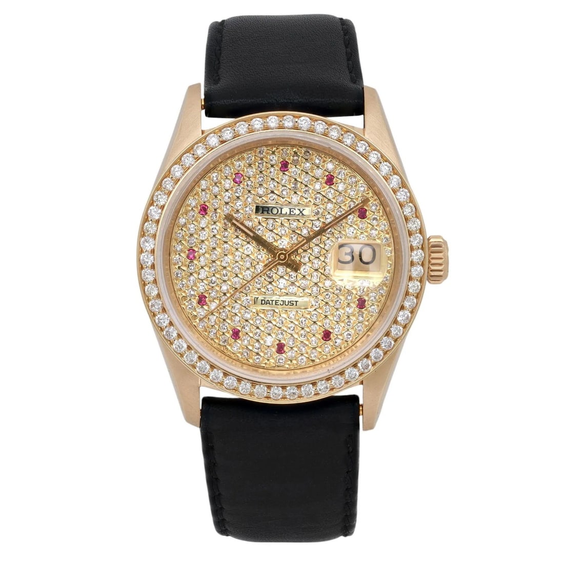 Rolex Datejust 36 18K Yellow Gold Custom Ruby Diamond Dial Watch: Rolex Datejust 36 18K Yellow Gold Custom Ruby Diamond Dial Watch Elevate your style with this exquisite Rolex Datejust 36 wristwatch, crafted in luxurious 18K yellow gold. Featuring a stunning custom 