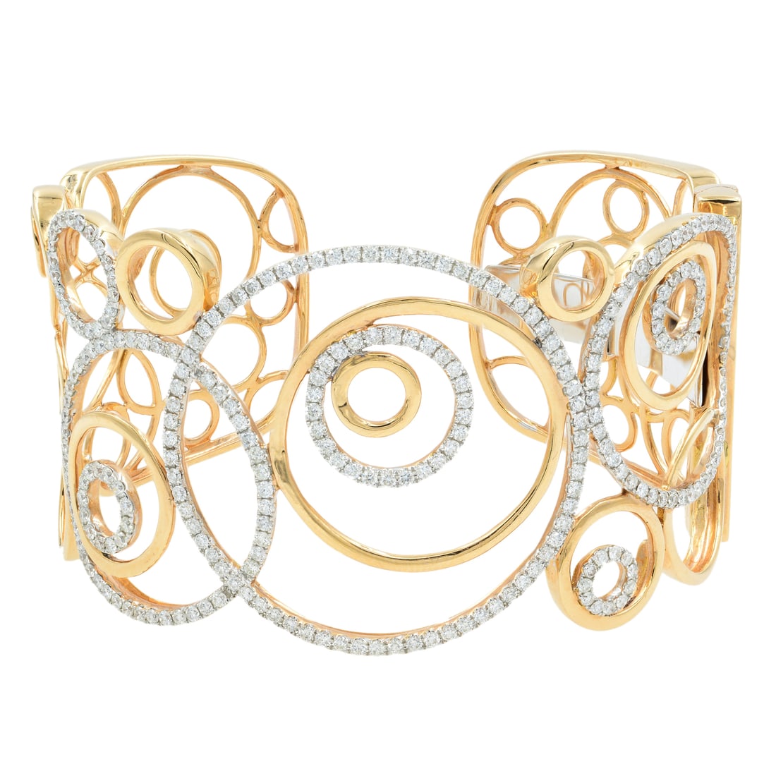 Rachel Koen 18K Rose Gold Open Cuff Bracelet 3.93ct Diamond Scroll Design: Rachel Koen 18K Rose Gold Open Cuff Bracelet 3.93ct Diamond Scroll Design This exquisite open cuff bangle bracelet is a masterpiece from Rachel Koen, crafted in luxurious 18K Rose Gold. It showcases a