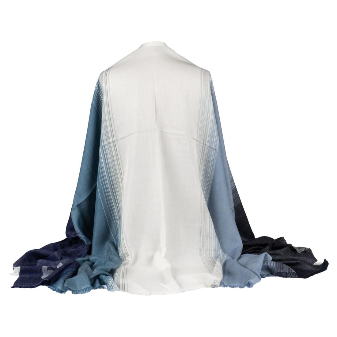 Chanel New Degrade Cashmere Silk Blend Shawl Blue White 76x60: Chanel New Degrade Cashmere Silk Blend Shawl Blue White 76x60 This exquisite Chanel New Degrade' Cashmere Shawl is a luxurious accessory that combines the elegance of cashmere with silk for a soft, su