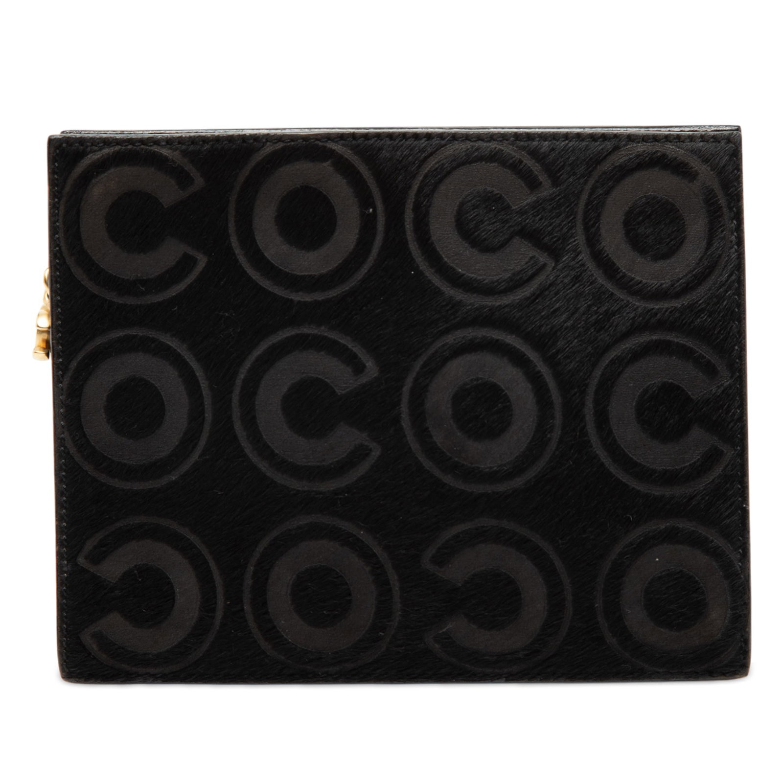 Chanel Coco Pony Hair Black Clutch Bag with Leather Trim: Chanel Coco Pony Hair Black Clutch Bag with Leather Trim This Chanel Coco Pony Hair Clutch features a black pony hair exterior with leather trim and a top zip closure. The bag shows signs of wear on t